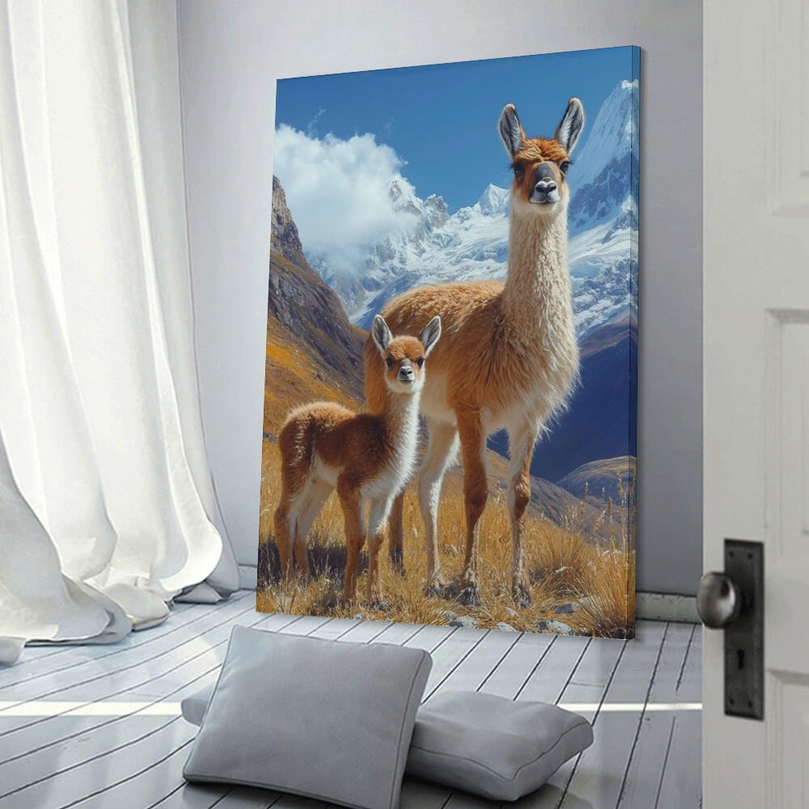 Junmoney Llama Family in The Andes Mountains Canvas Wall Decor, 24x36inch(60x90cm), for Wall Displays, Bedrooms Or Room Updates, Wall Decor Suited to Curated Displays