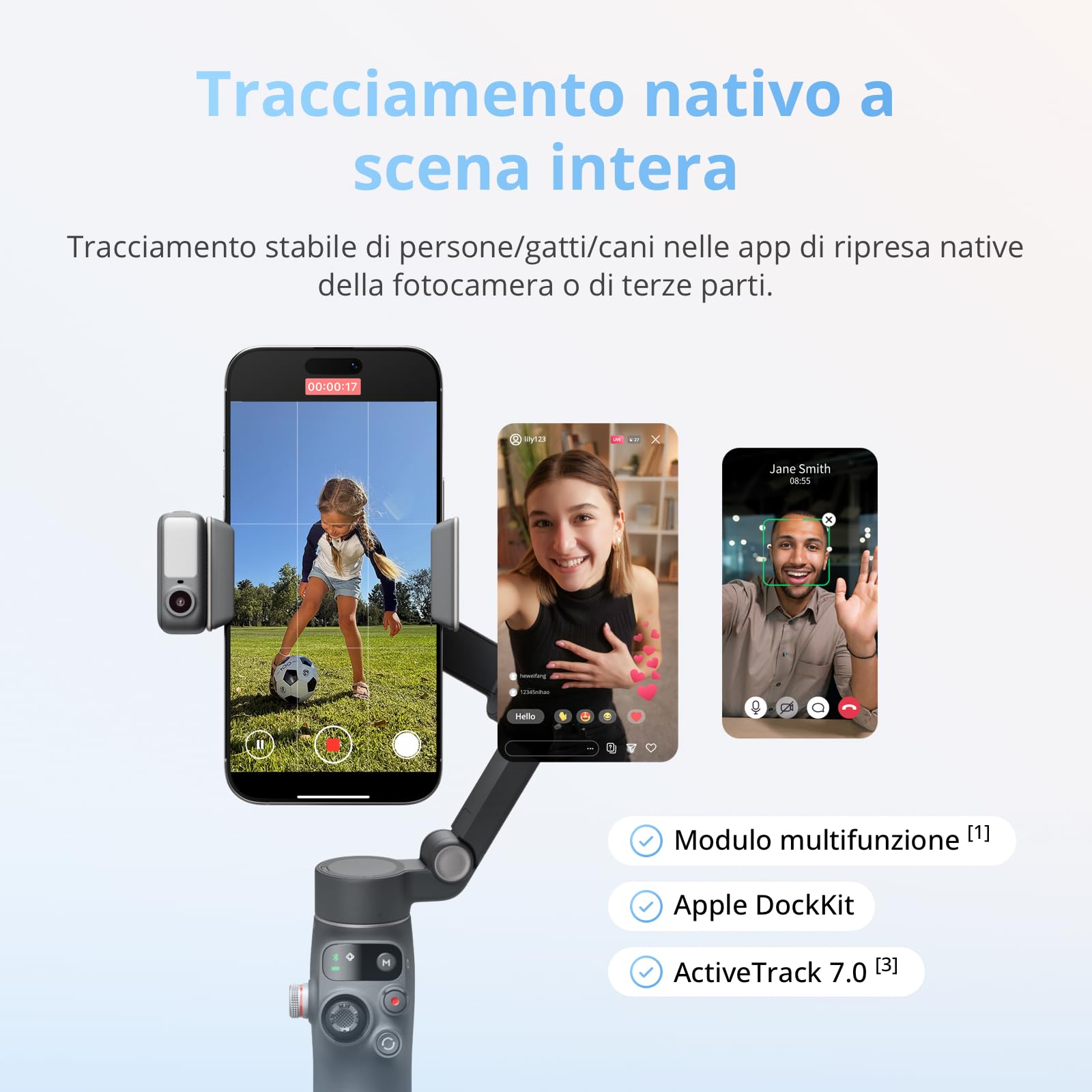 DJI Osmo Mobile 8 stabilizzatore per smartphone, AI tracciamento nativo con audio e illuminazione, rotazione panoramica a 360°, manico telescopico e treppiede integrati, batteria da 10 h