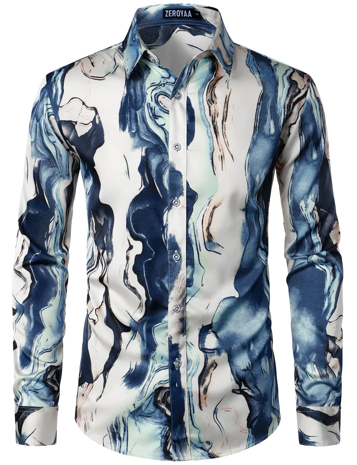 ZEROYAA Mens Hipster Printed Slim Fit Long Sleeve Button Up Satin Dress Shirts