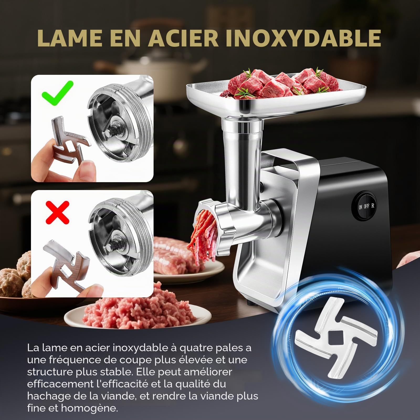 Hanchen Hachoir a Viande Electrique 6en1 avec Tube à Saucisse, 3 Plaques de Ponçage en Acier Inoxydable (3,5,7mm), Accessoires pour Biscuits, Annexe Kubbe, Presse-Tomates,Rapeuse Legume Electrique