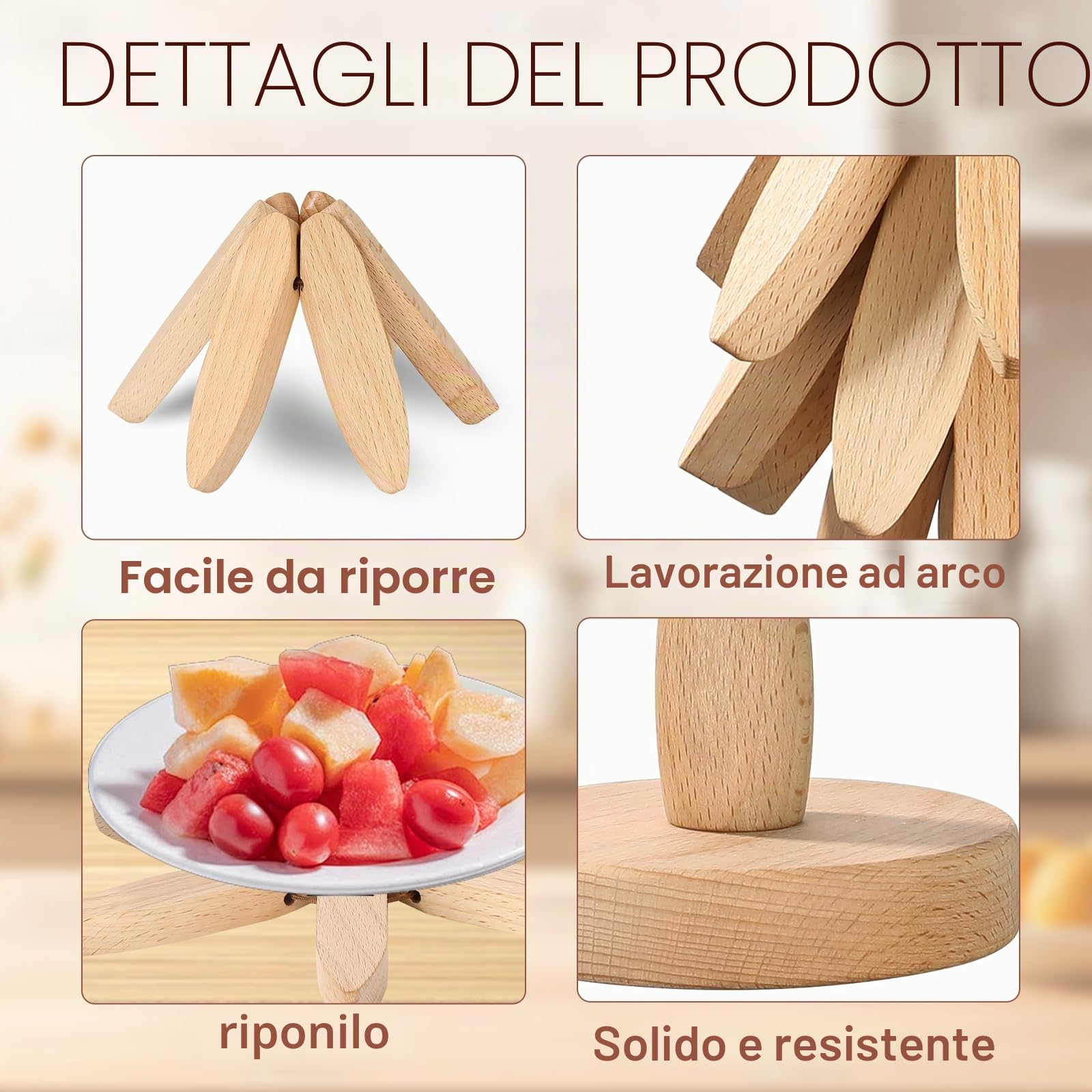 Sottopentola in legno per piatti caldi, a forma di albero di Natale, 4 sottopentola in legno + 1 supporto per riporre come un albero, in legno di faggio per pentole calde, padelle, ciotole, teiere