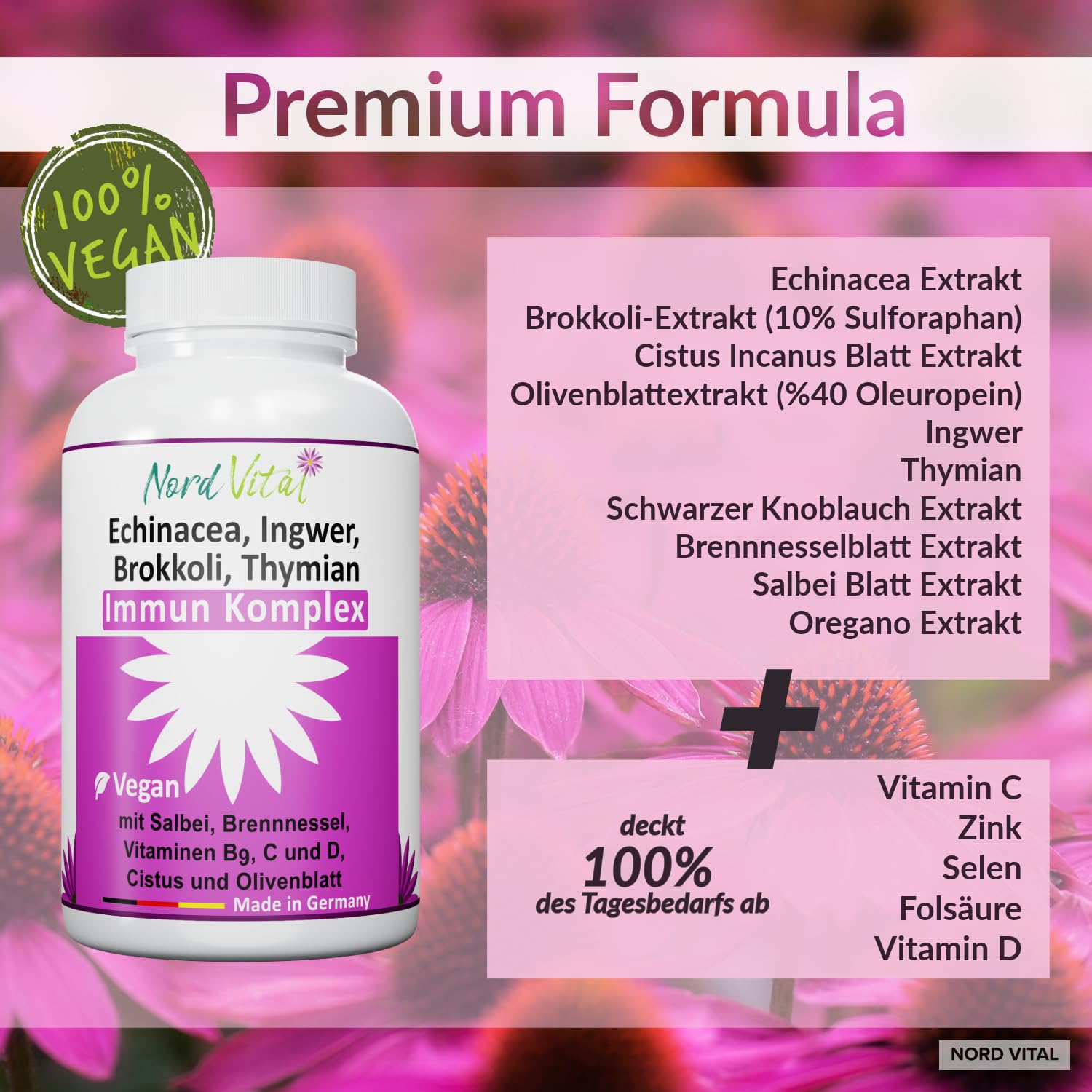 Echinacea Komplex mit 15 aktiven Inhaltsstoffen – Premium Immun-Komplex aus Echinacea, Brokkoli, Ingwer, Salbei, Brennnessel, Cistus, Olivenblatt, Vitamin C, B9, D, Zink & Selen – Made in Germany
