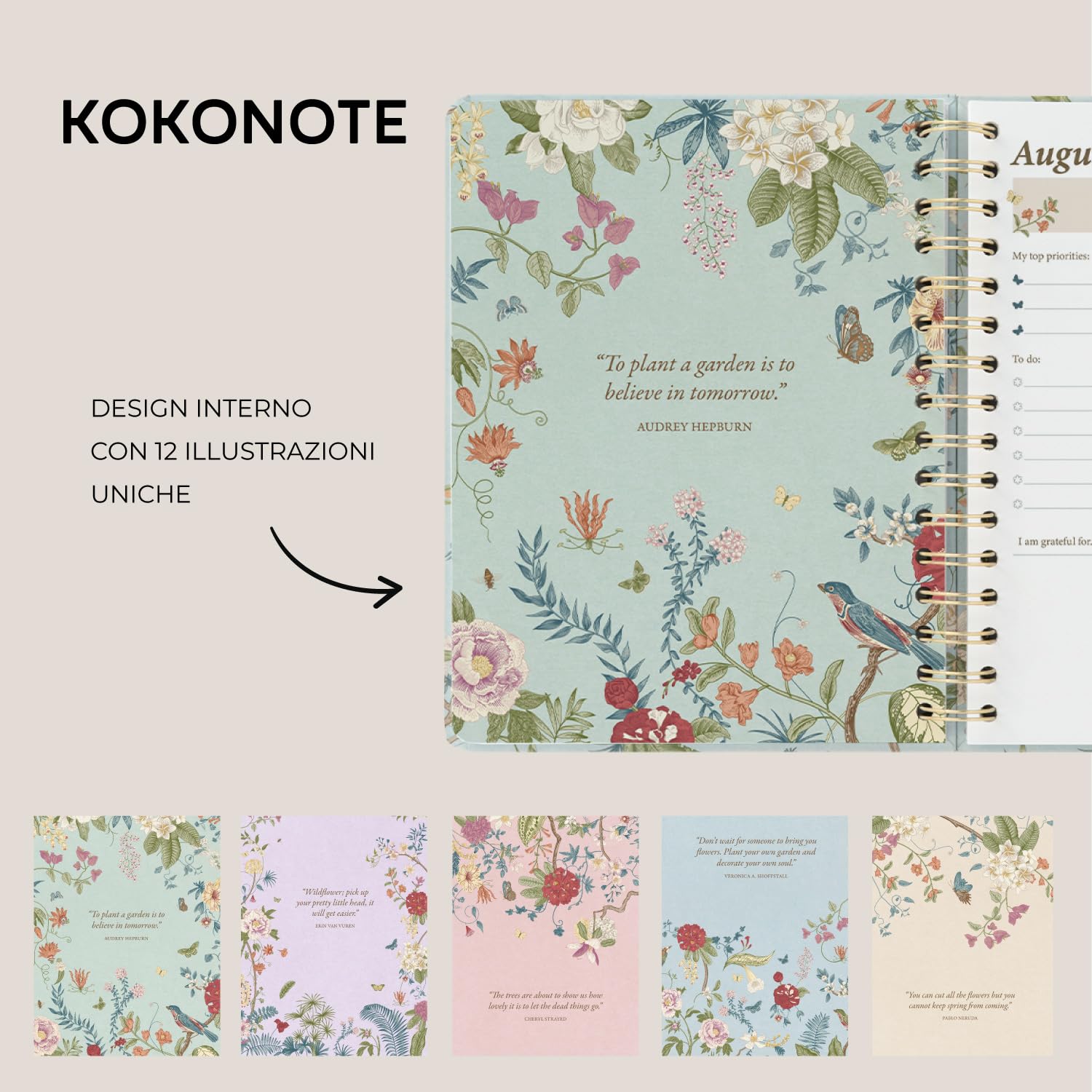Kokonote Agenda Settimanale 2026 2027 Seasonal Flowers - Diario Scoula 2026-2027 per Università e Scuola Superiore | Weekly Planner con Copertina Rigida, Segnalibri e Stickers (17x21,5 cm)