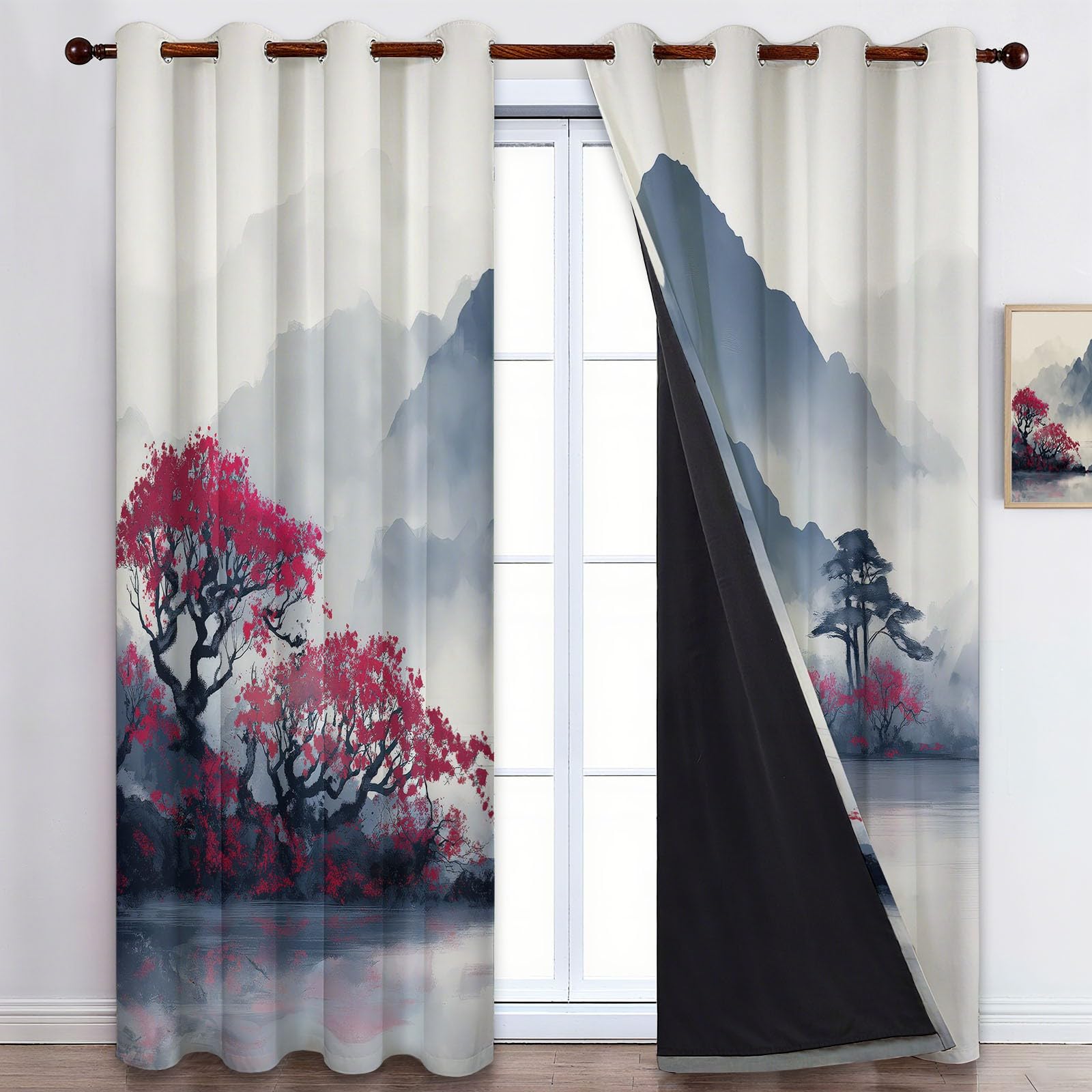 Zestaw 2 zasłon zaciemniających z oczkami 91,5 x 214 cm (szer. x wys.), ciche chińskie malowanie tuszem góry, izolująca termicznie, jasnoszara, poliester, zestaw 2 sztuk