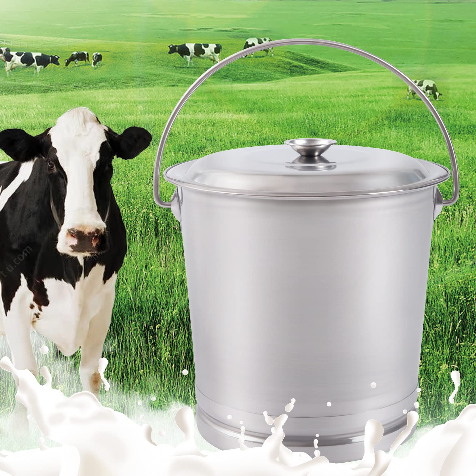 Stainless Steel Ice Bucket with Lid and Handle, Round Sliver Compost Bin Milk Pail Bucket for Farmhouse, Tea Houses, Bottom Diameter 9.84inch (8.5Qt - H9.84)