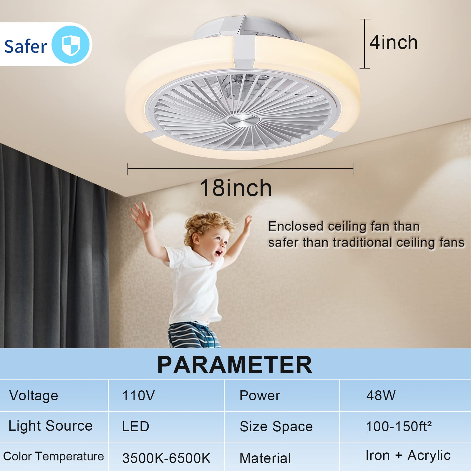 POWROL Ceiling Fan with Lights Modern 18inch Remote Control Enclosed Low Profile Ceiling Fan with Light 3 Speed LED Dimming 3 Colors 8 Invisible Bladeless Flush Mount Fan Light Bedroom,Offices