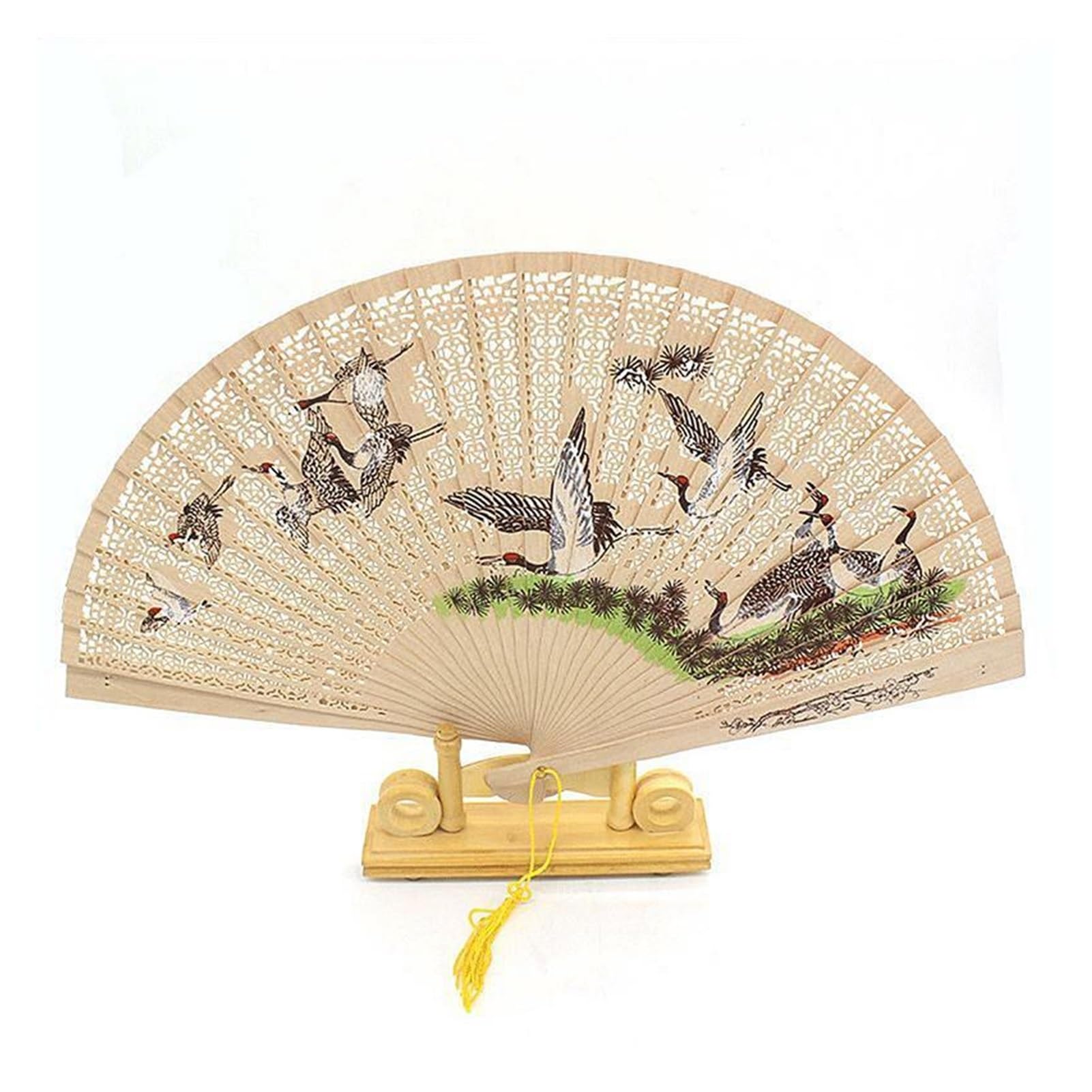 Folding Hand Fan Vintage Handheld Fan with Tassel Mother's Day Birthday Tabletop Ornament Traditional Dancing Props