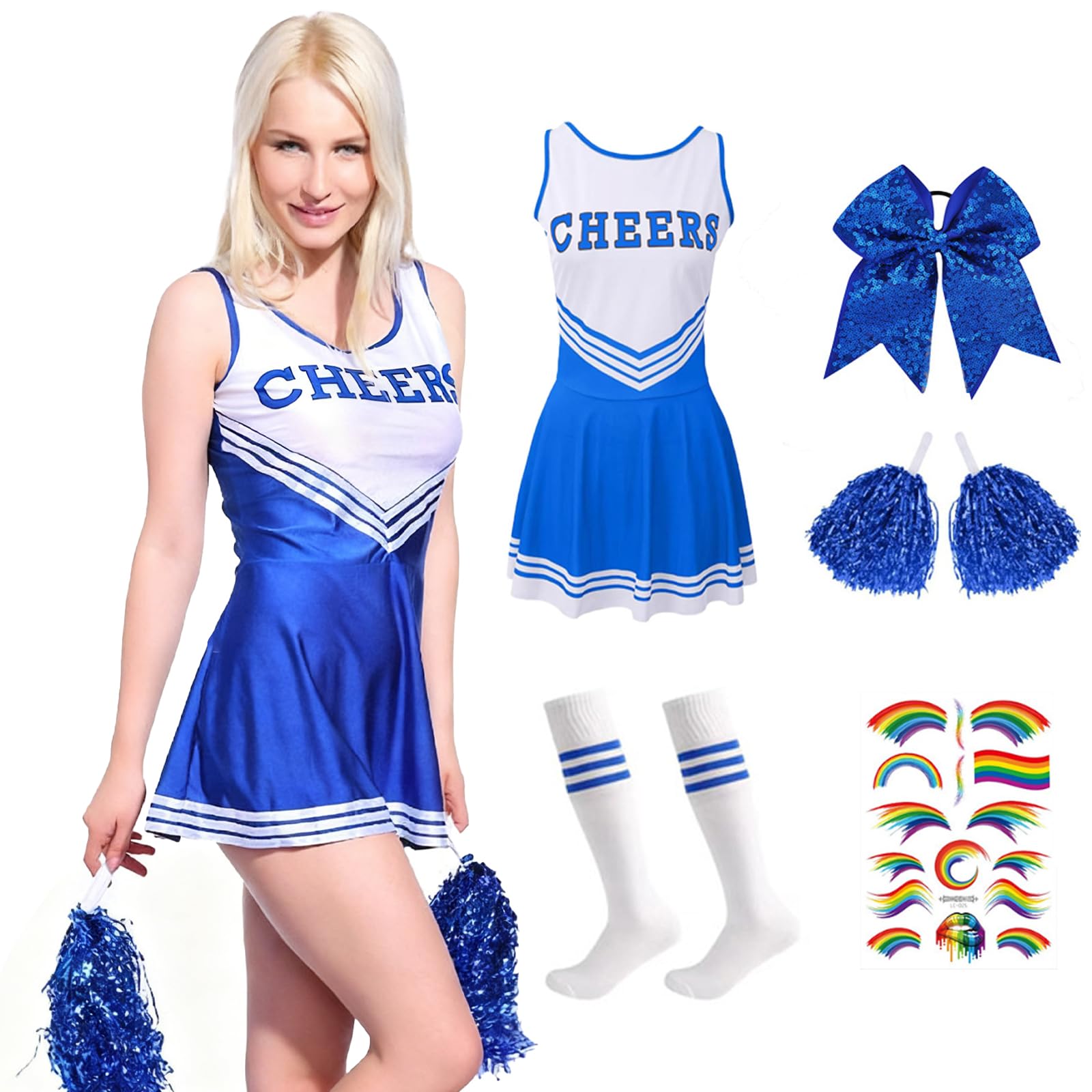Disfraz de Animadora para Niña, Traje Animador Niños Uniforme de Animadora con Pompones, Calcetines y Gomas para el Pelo, para Partido de Fútbol Juegos de rol y Halloween