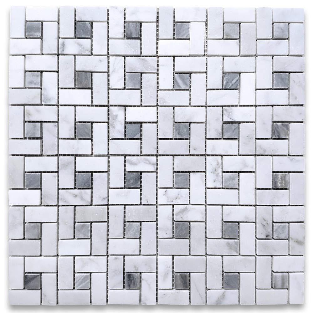Stone Center Online Carrara White Marble Pinwheel Windmill Spiral Target Mosaic Tile w/Bardiglio Gray Dots Honed Kitchen Bath Wall Floor Backsplash Shower (1 Sheet)