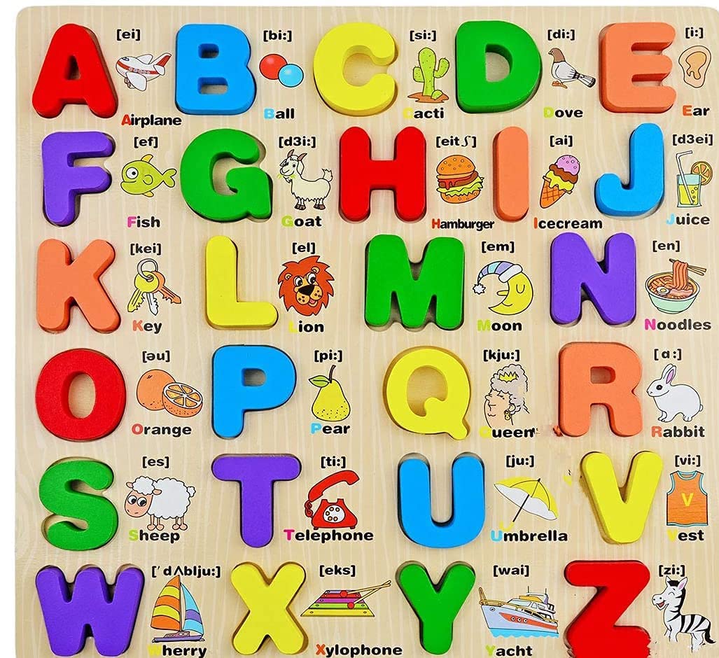 AdiChai Wooden 26 Letters Upper Case Alphabet ABC Puzzle Board for Toddlers 3-5 Years Old, Preschool Boys & Girls Educational Learning Letter Toys, Construction My First Learning Set (Multicolor)