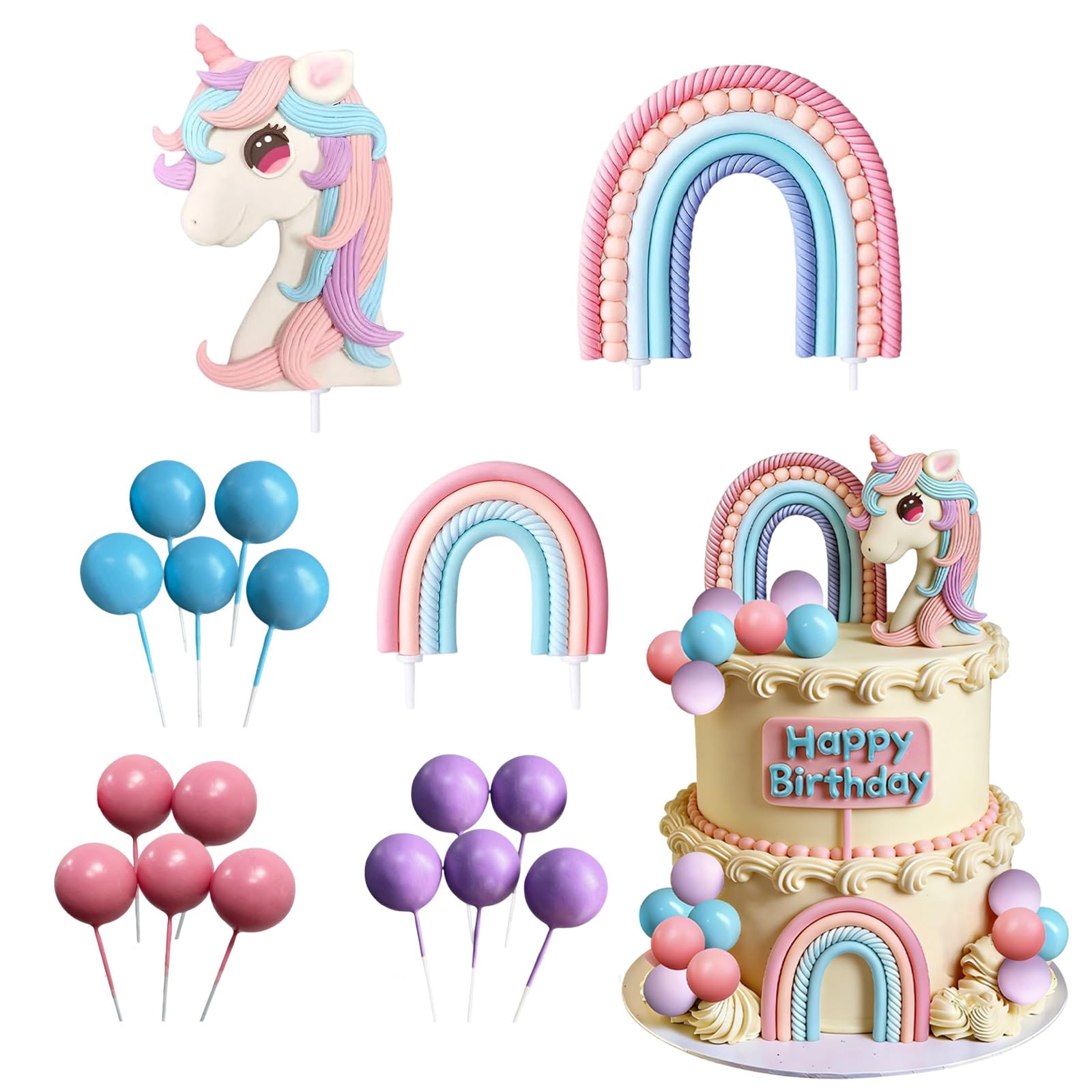18PCS Set Unicorn Cake Topper Inclusionh Unicorn, Large and Small Rainbow, Blue, Pink, Purple Balls, Rainbow Cake Topper for Girls