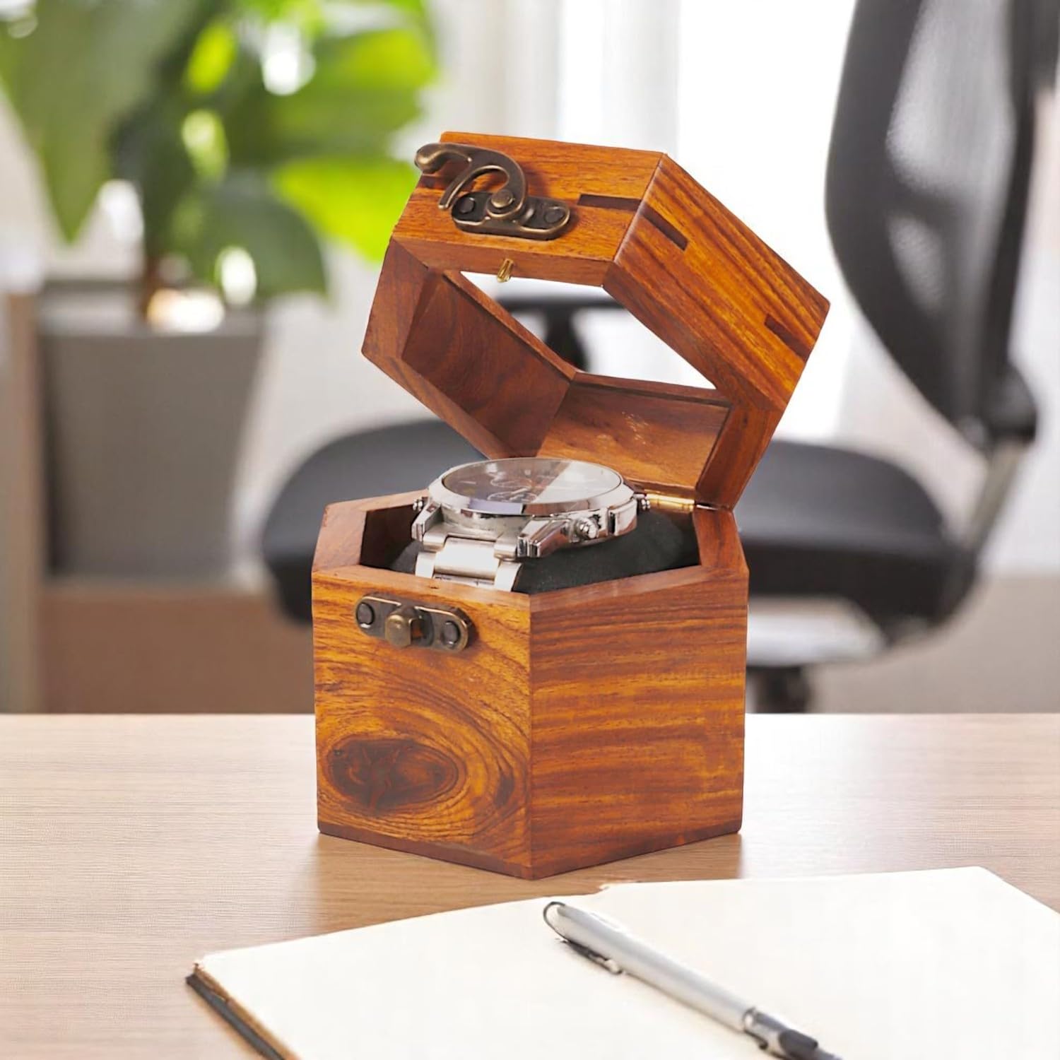 Rosewood Watch Box For Men, Watch Boxes For Men, Watch Box With Hinged Lid, Honey Comb Watch Organiser Box Display Case, Christmas, Valentine’s Day, Father’s Day Gift. (1″ Slot)