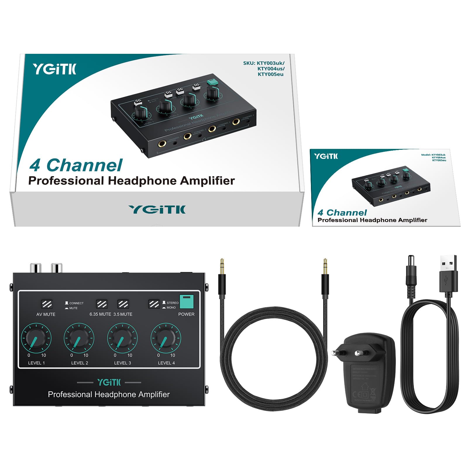 Amplificador de Auriculares Estéreo Portátil-4 Canales con Controles de Volumen y Entradas AV/3.5mm/6.35mm - 8 Salidas Estéreo de 3.5mm/6.35mm para Escenario-Actualización de Chip
