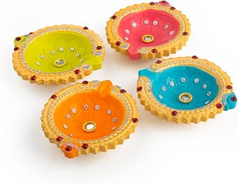 Set of 4 Earthen Diya Clay Terracotta Diwali Pooja Hand Painted Colorful Deepak Decoration Diva Deepam Decorative Lighting Accessories New Traditional Indian Festival Decor Multicolor-Design 1