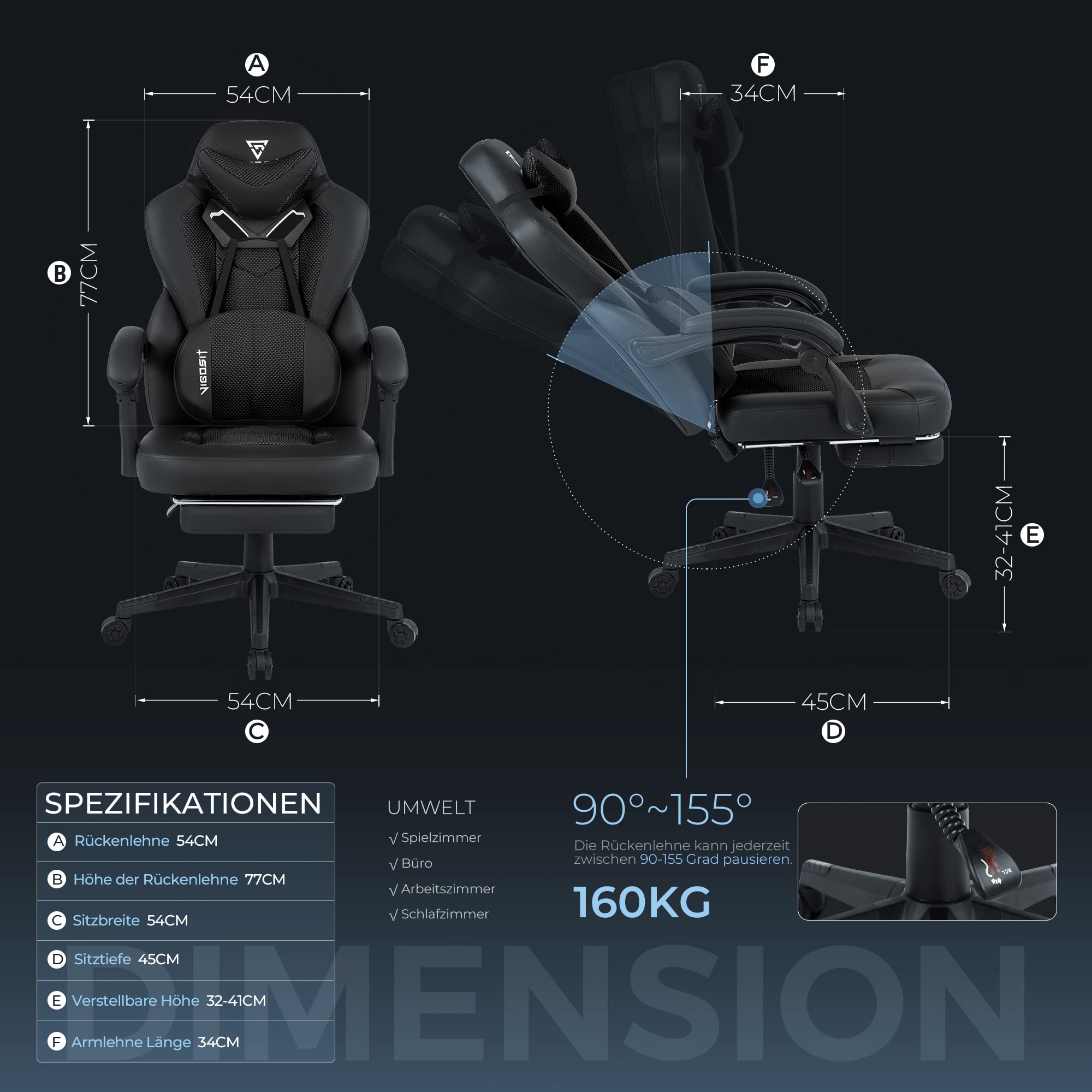 Vigosit Sedia da gaming professionale con poggiapiedi, in rete PC con funzione di massaggio, ergonomica, reclining gamer, capacità di carico 150 kg (Nero)