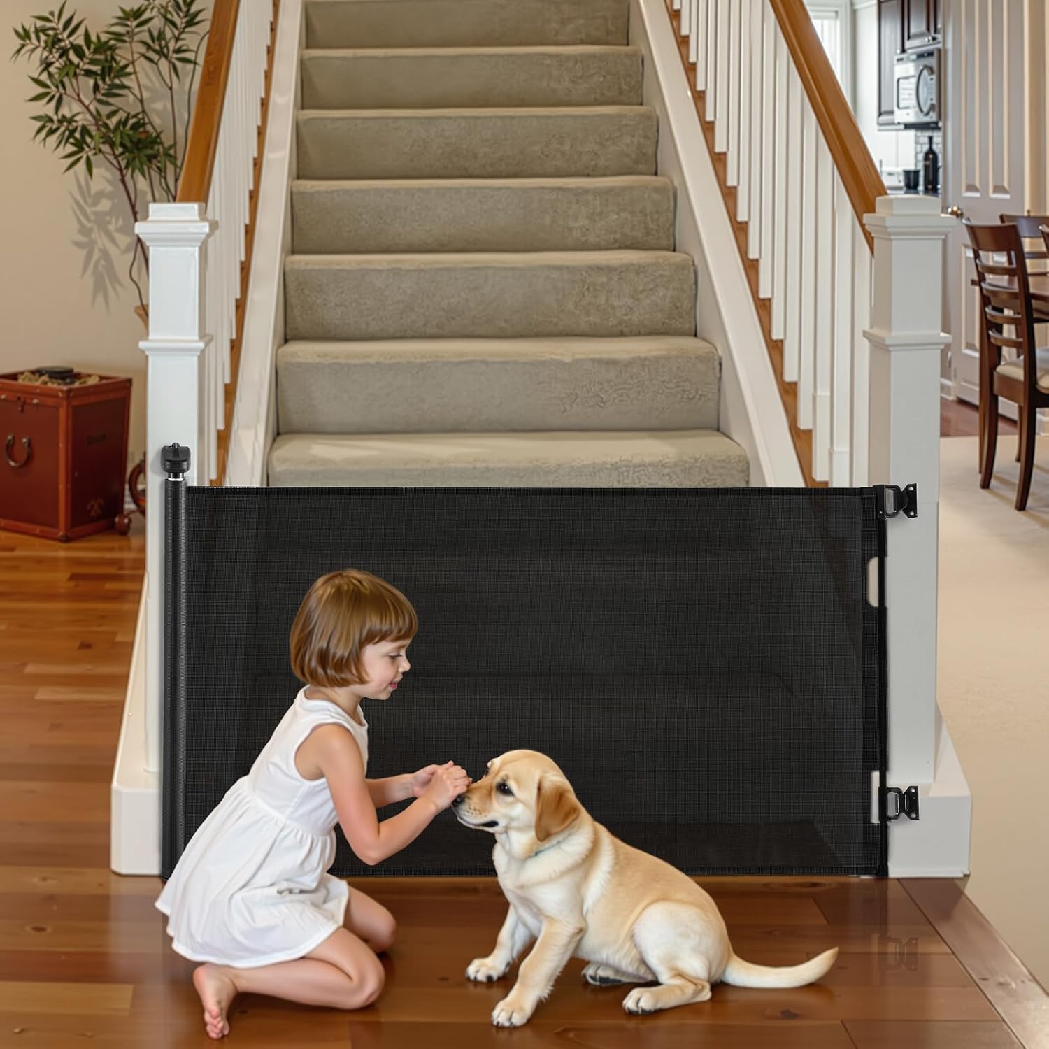 VEVOR Retractable Baby Gate, Extends to 56.3 inch Wide, 31.3 inch Tall, with Security Lock, Easy to Use, Walk Through Without Tripping, Mesh Dog Gate for Stairs, Hallways, Indoor/Outdoor, Black