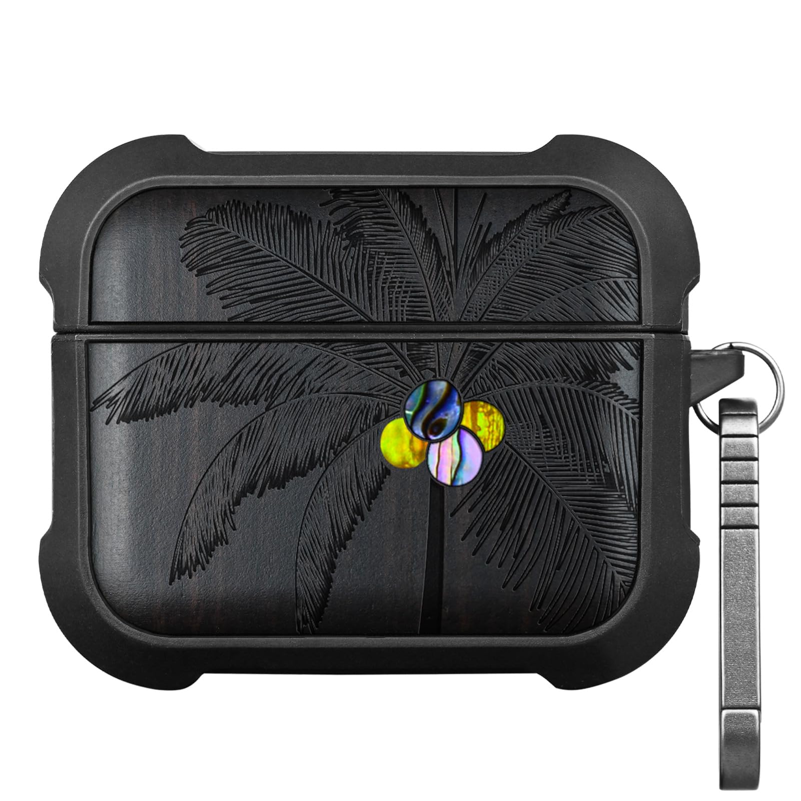 Carveit Etui kompatybilne z AirPods Pro 3 (2025), etui ochronne [grawerunek z drewna i muszla] [tytanowe szybkie zapięcie] do Airpods Pro 3 Skin 2025 etui (ciemne drewno-palma)