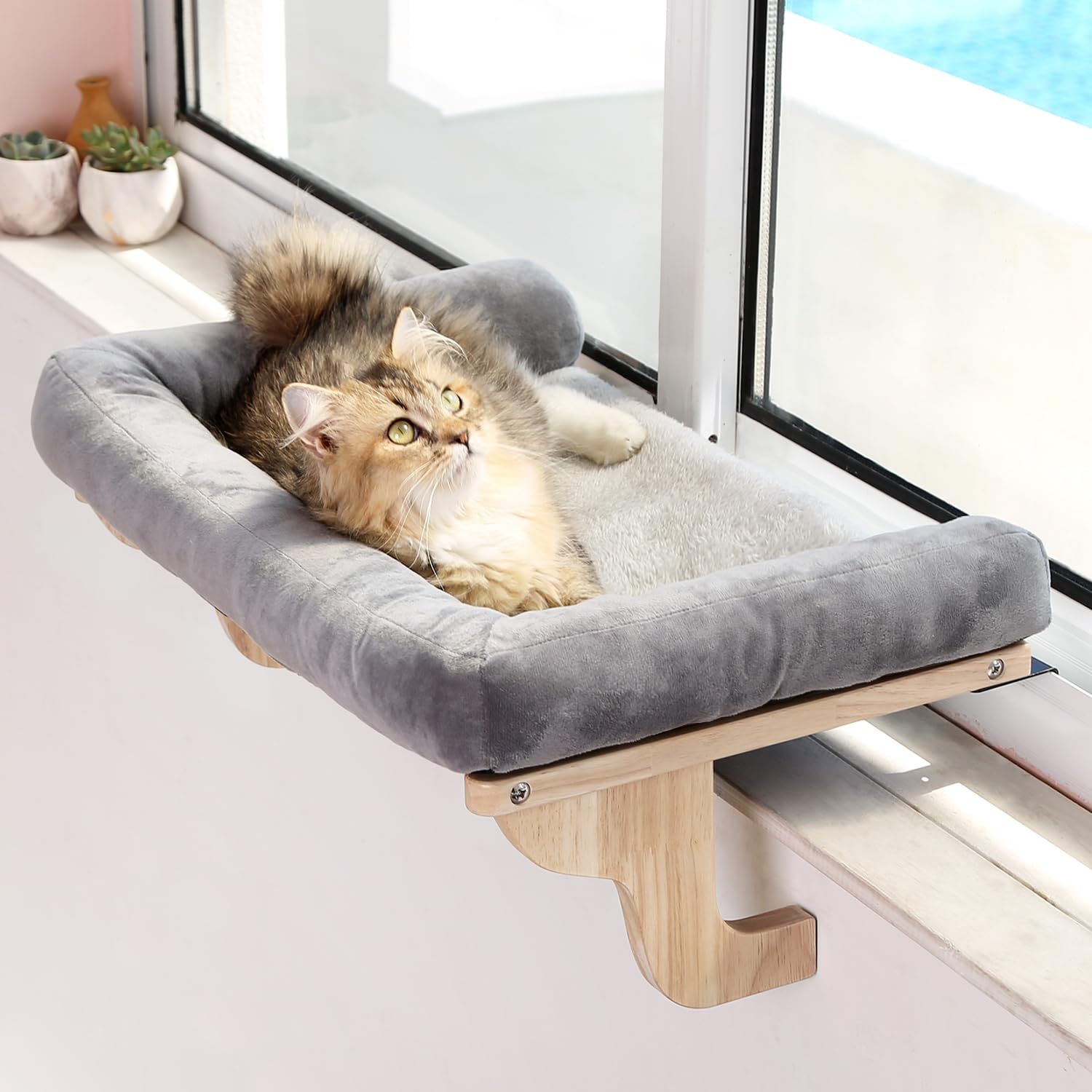 Photo 1 of Zakkart Cat Perch for Window Sill with Bolster - Orthopedic Hammock Design with Premium Hardwood & Robust Metal Frame - Cat Window Seat for Large Cats - Natural Color Wood Gray Bed, 26.4''W