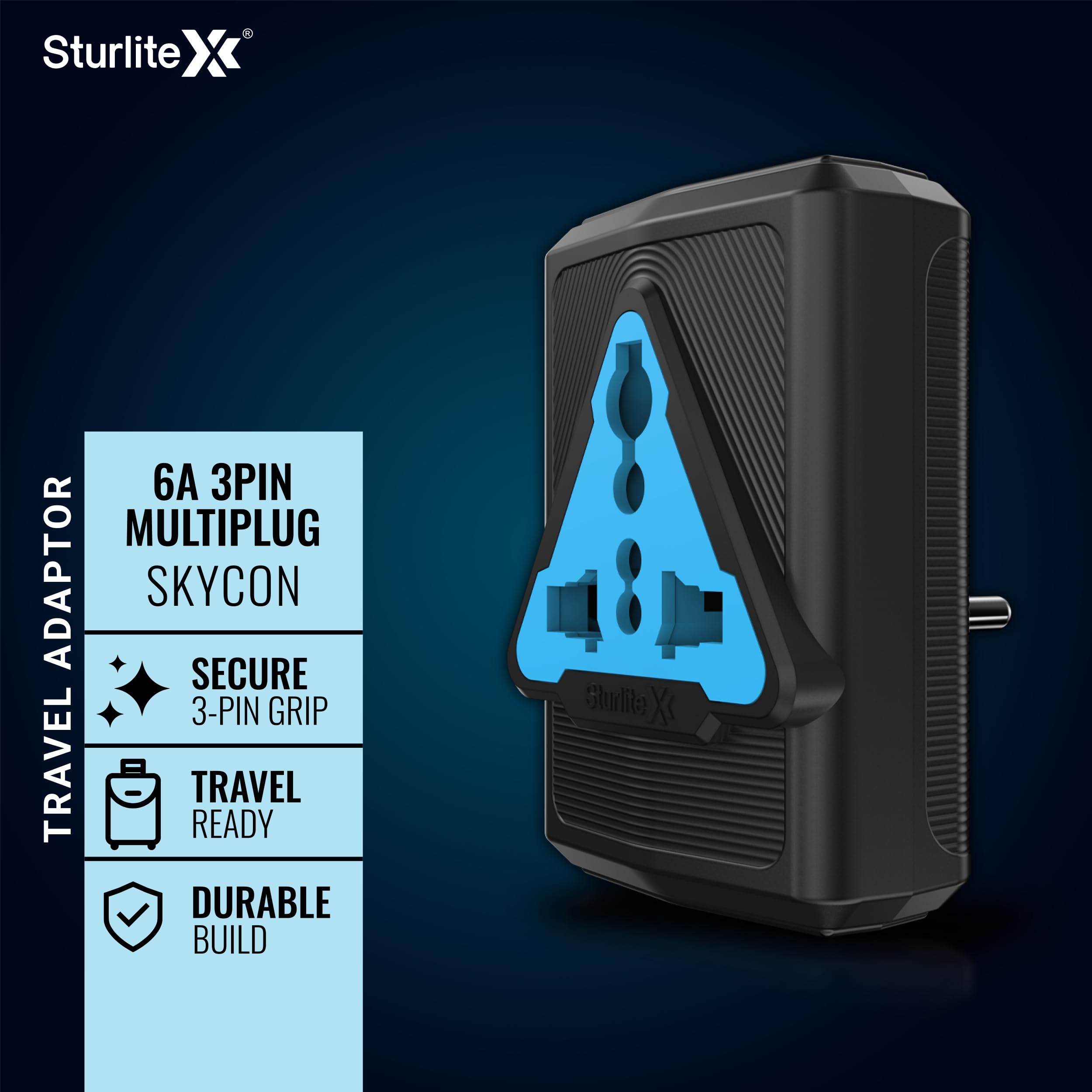 Sturlite Skycon 3 Pin Plug| 2-Pin & 3-Pin Socket| 6 Amps Universal AC Travel Adapter| Strong Polycarbonate Body Socket| Compact Converter Plug for Travel, Home & Office Use (Black, Pack of 1) — Amazon image 3