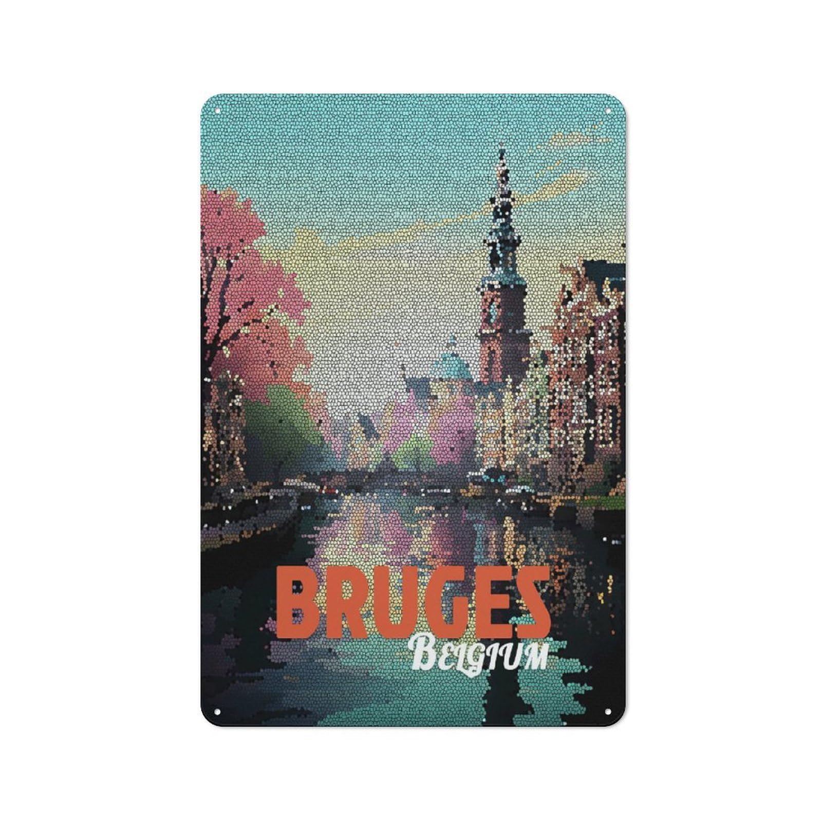 Junmoney Style-9 Retro Metal Wall Plaque 30X20cm Featuring Bruges, Belgium Mosaic Art, Room Wall Plaque For Hallway, Home Bar, Garage Or Study
