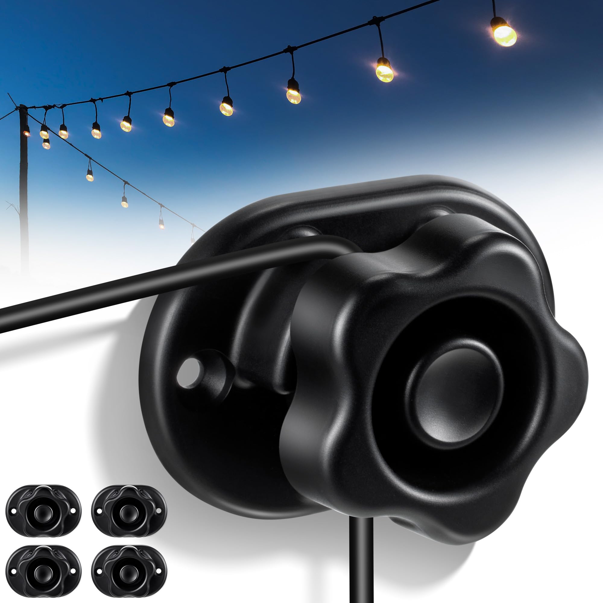 Saillong 4 Pack Heavy Duty String Light Kit: Weatherproof Hanging Anchors, Outdoor Hanger Hooks for Fairy, Patio, Party Lights, Shade Sails, Black