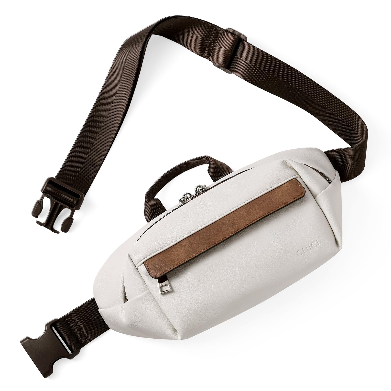 CLUCI Belt Bag for Women Crossbody, Leather Fanny Pack Crossbody Bags for Women Trendy, Women Waist Bag with Adjustable Strap Off white with brown