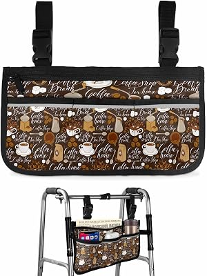 Coffee Theme Wheelchair Side Bag Walker Bag, Coffee Cup Bean Grinder Vintage Brown Wheelchair Accessories Armrest Pouch, Organizer Storage Bag for Walkers, Rollators, Scooters, 7.3''x13''