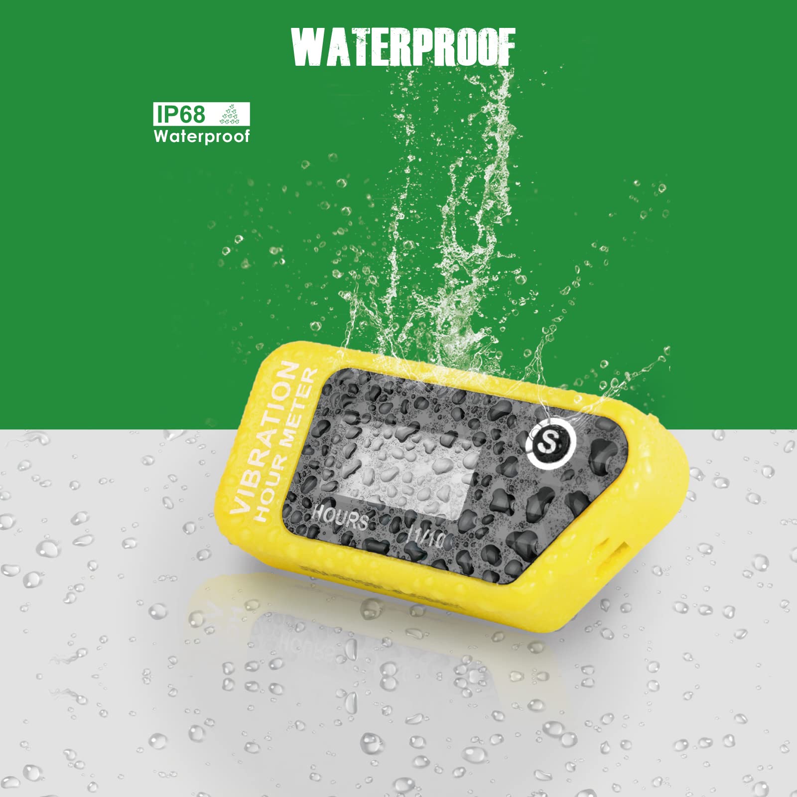 Yooreal Compteur horaire sans fil alimenté par batterie, jauge de détection de vibration pour tracteur de pelouse, chariot de golf, tronçonneuse, déchiqueteuse à bois, fendeuse de bûches (Yellow)