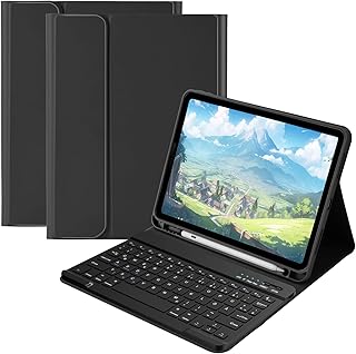 جراب حماية مع حامل قلم وخاصية الإيقاظ والسكون التلقائي ولوحة مفاتيح لاسلكية QWERTZ لاي باد اير الجيل الخامس 2022 / اي باد اير الجيل الرابع 2020 10.9 بوصة / اي باد برو 11 الجيل الاول 2018، (لون أسود)