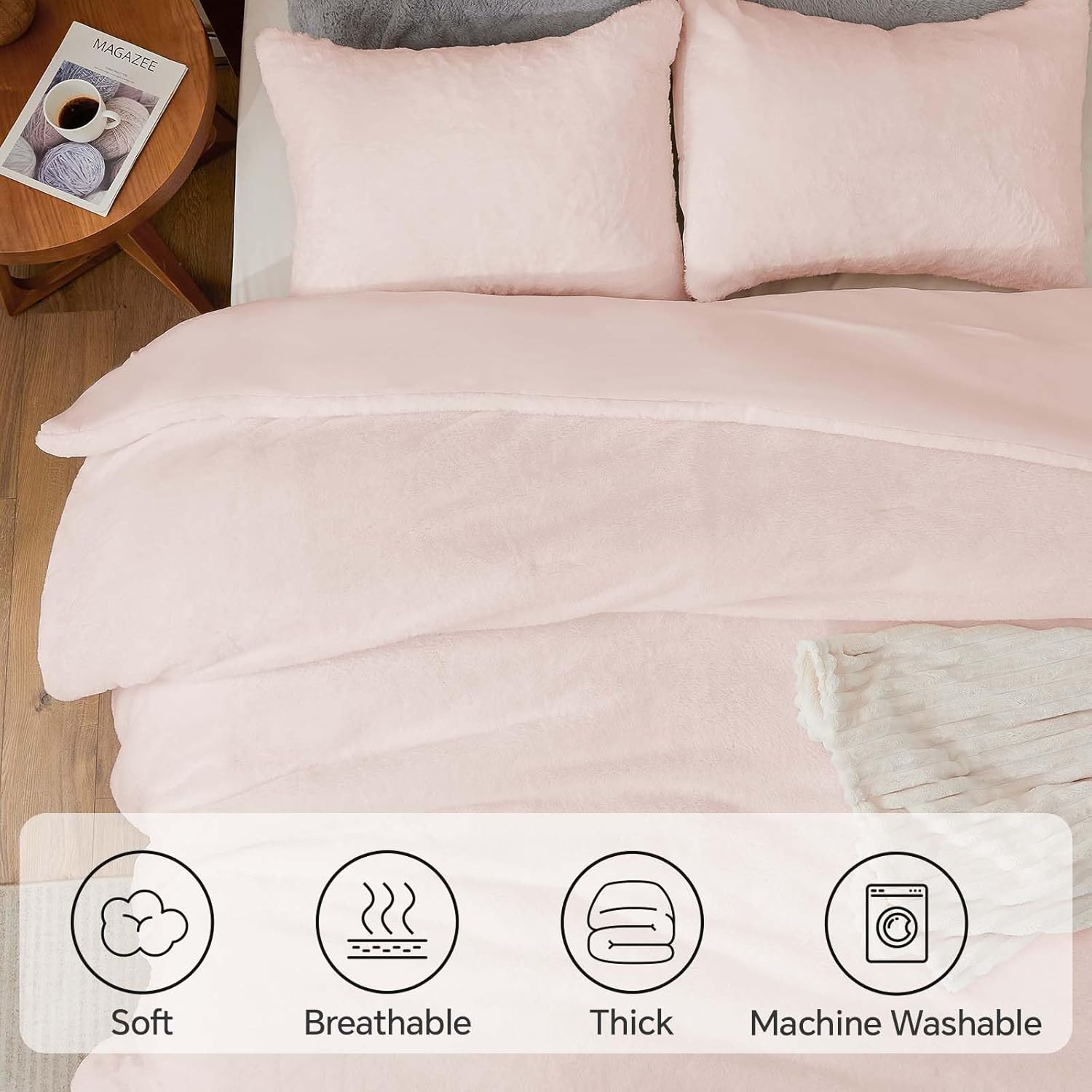 BEDELITE Faux Fur Fleece Queen Comforter Set - Fluffy & Warm Pink Comforter Queen Size，Ultra Soft and Cozy Winter Bedding Set,Fuzzy Thick Bed Set,1 Comforter and 2 Pillowcases - Image 5