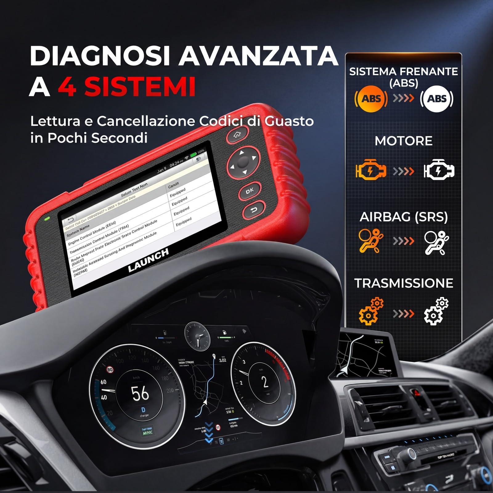 LAUNCH CRP123X V3.0 64G - Dispositivo diagnostico professionale OBD2 per tutte le auto e marche, diagnosi a 4 sistemi con reset: EPB DPF servizio olio, SAS/BMS test batteria, lettura VIN incluso a