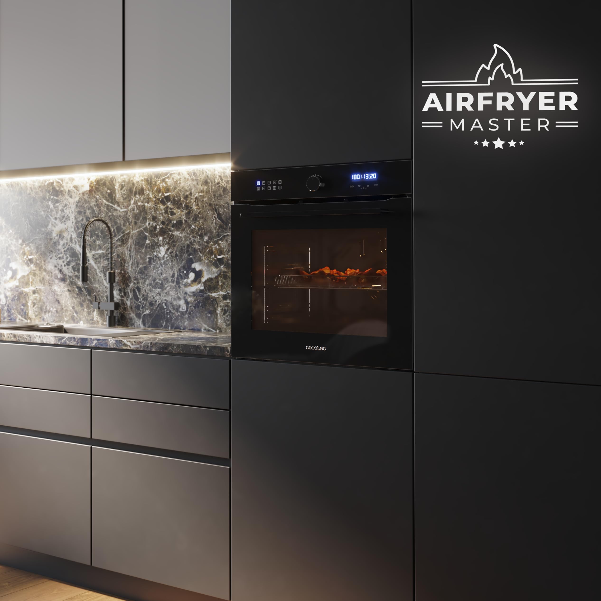 Cecotec Horno Integrable Multifunción 60cm Bolero Hexa AF316000 Glass Black A 3400W, 81L Capacidad, 11 Funciones con Airfryer Master, Pizza Master, Steam Asisst, Steam EasyClean, 3D Cooking, Defrost