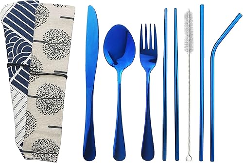 JASHII Juego de cubiertos portátiles de 8 piezas, incluye cuchillo, tenedor, cuchara, palillos, pajitas, bolsa portátil para viajes, trabajo,