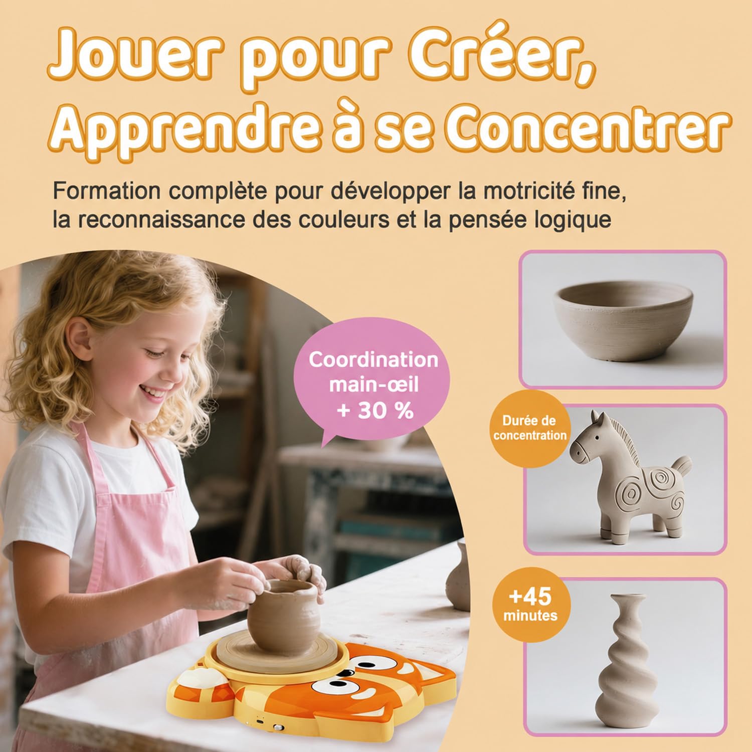 Kit Poterie Enfant - Jouet Tour de Potier Électrique - Atelier de Poterie Complet pour Débutants 6+ Ans avec 3 x Argile Auto Séchante – Activité Manuelle Enfant Cadeau pour Garçons/Filles (Chiot)