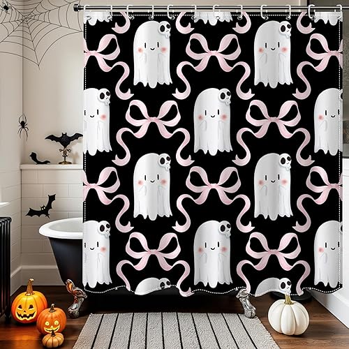 Miniatura 5 de Mocsicka Cortina de ducha negra de Halloween para baño, bonita cortina de ducha con diseño de calavera y fantasma, para niños, decoración de baño de