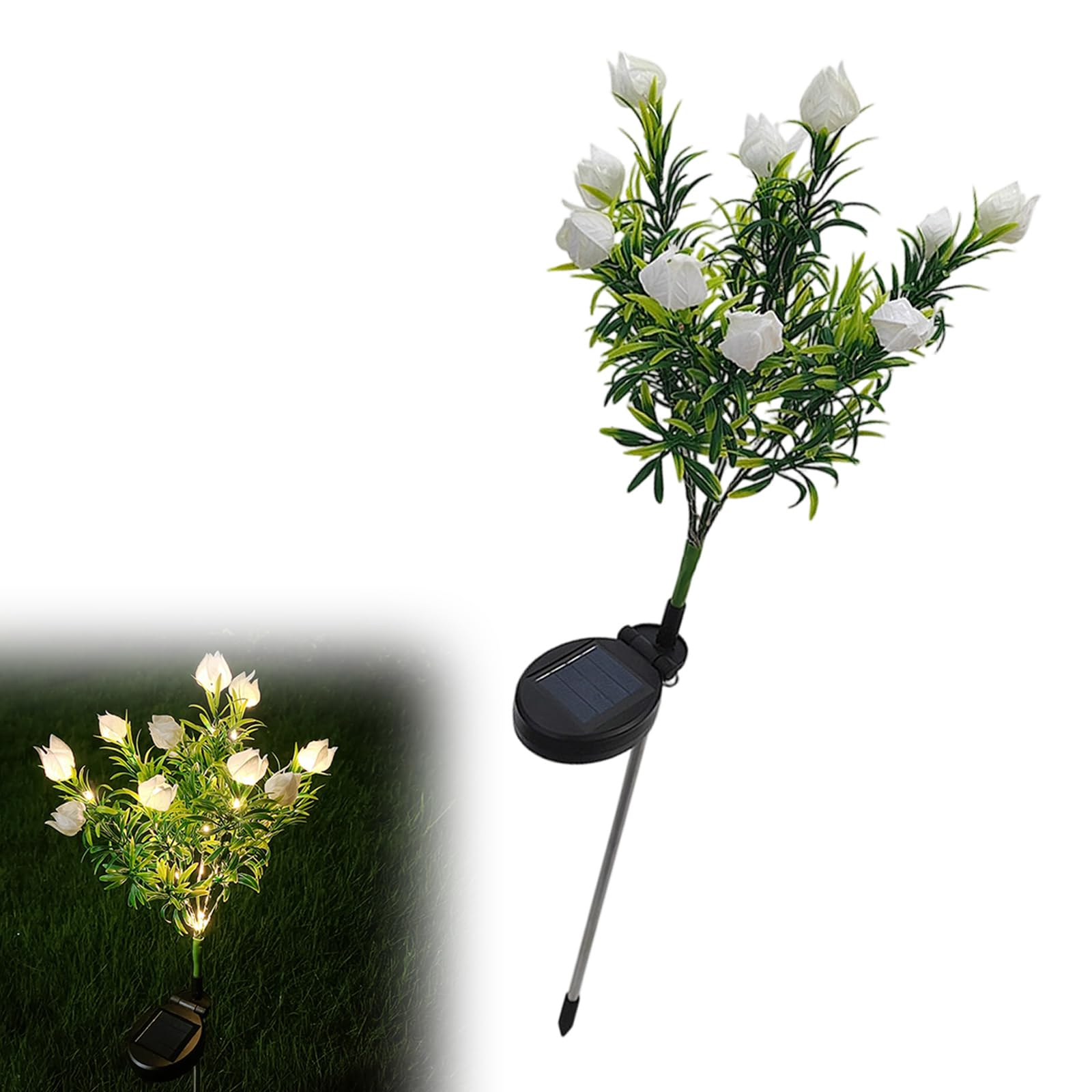 Pangboer White Floral Stake Lamp With Solar Powered Led Branches, Garden Decor For Balconies, Fences, Yards And Patios Solar Floral Yard Light Flower Walkway Lamp Patio Border Decor Garden Stake Fence Led