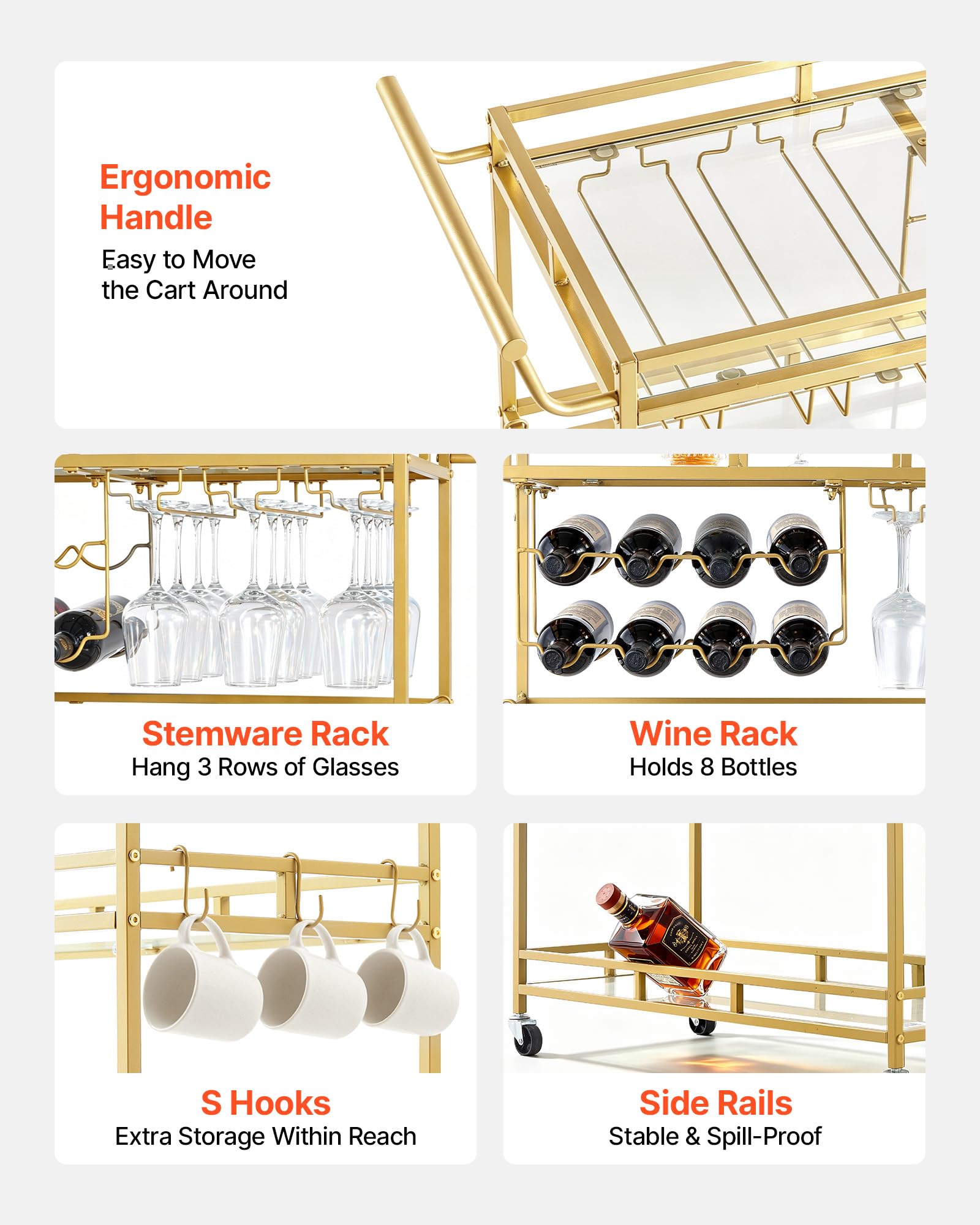 VEVOR Carro de Bebidas con Botellero de 3 Niveles, Carrito de Servicio con Ruedas y Asa, Estantes de Vidrio Espejado, Soporte para Copas, para Sala de Estar, Comedor, Cocina, 88x38x89 cm, Dorado