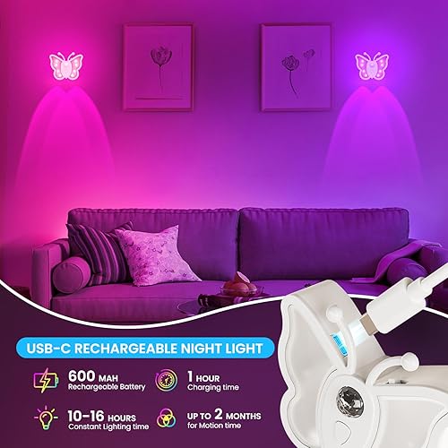 Miniatura 5 de LOFTEK Luz recargable con sensor de movimiento, cambio de color RGB y luz nocturna regulable, bonita luz de mariposa para dormitorio de niños, baño,