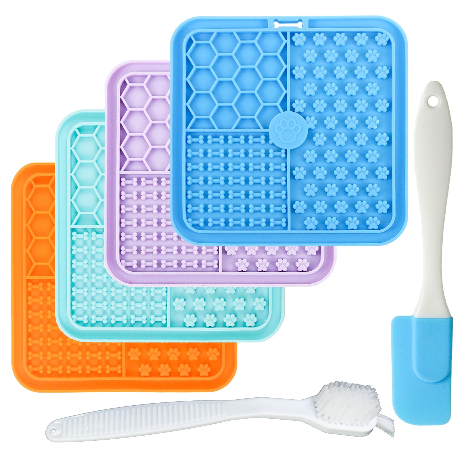 Licky Mats for Dogs, Pack of 4 Slow Feeder Lick Mats For Dogs & Cat Silicone Puppy Lick Mat with Suction Cups Spatula & Brush for Grooming & Training