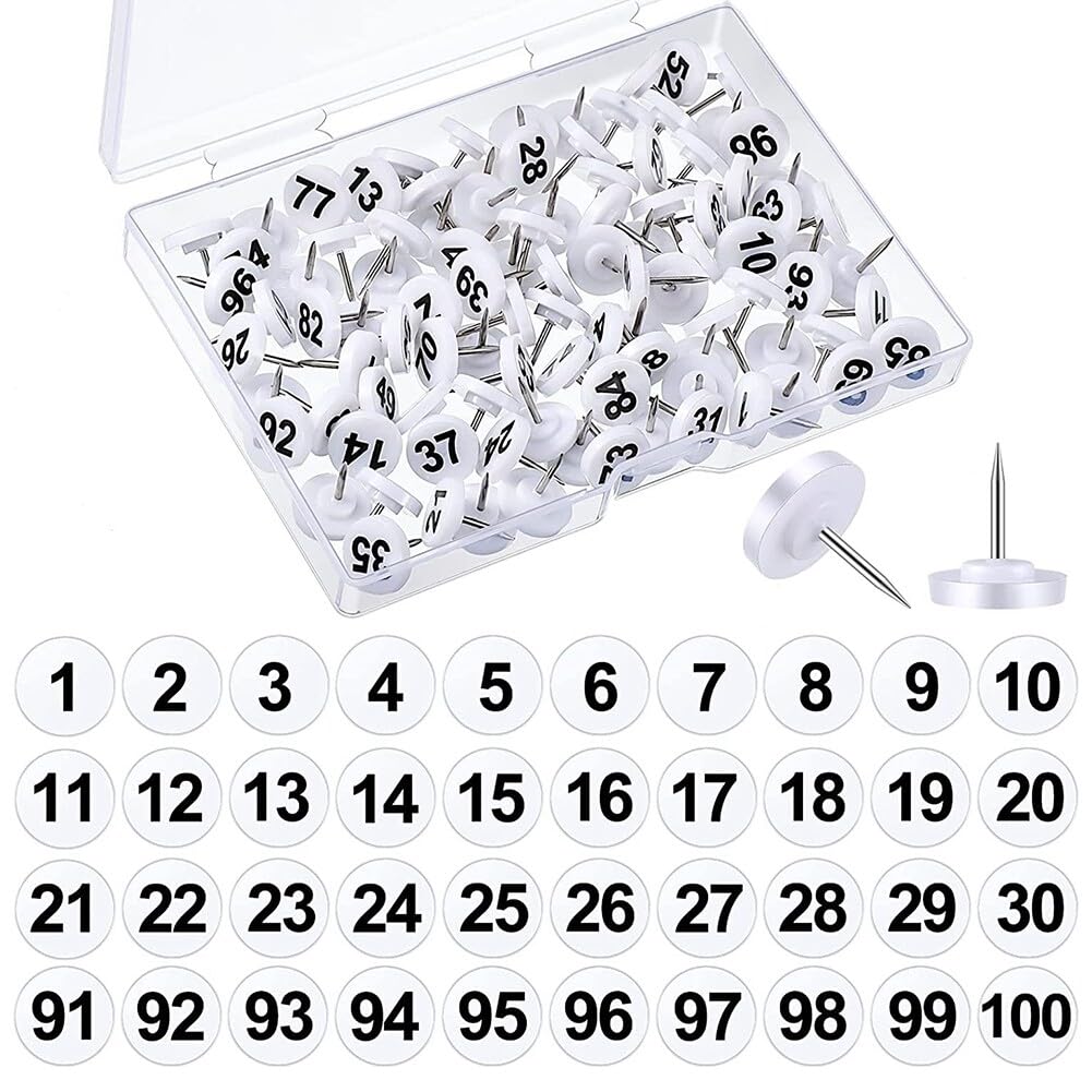 ISAKEN 100 Pieces Numbered Push Pins Decorative Cork Board Pins Flat Plastic Thumbtacks with Number for Maps, Photographs, Poster Display