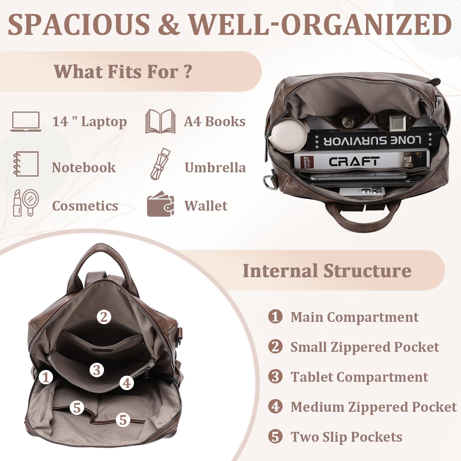 Mochila Viaje Mujer, Bolso Mochila de Cuero PU Mochila Antirrobo de Moda Bolso Convertible Impermeable Mochila Universidad Grande con Cartera para Shopper Esculea Trabajo, Café