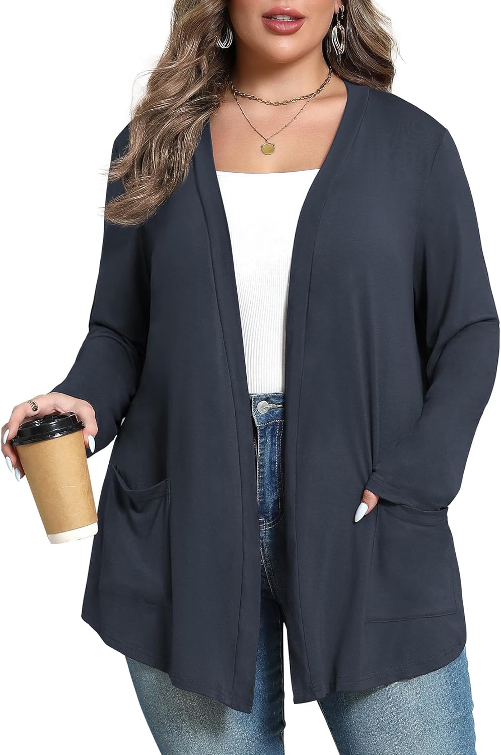 Women's Oversize Cardigans Lightweight Fall Long Sleeve Plus Size Flowy Open Front Shrugs with Pockets