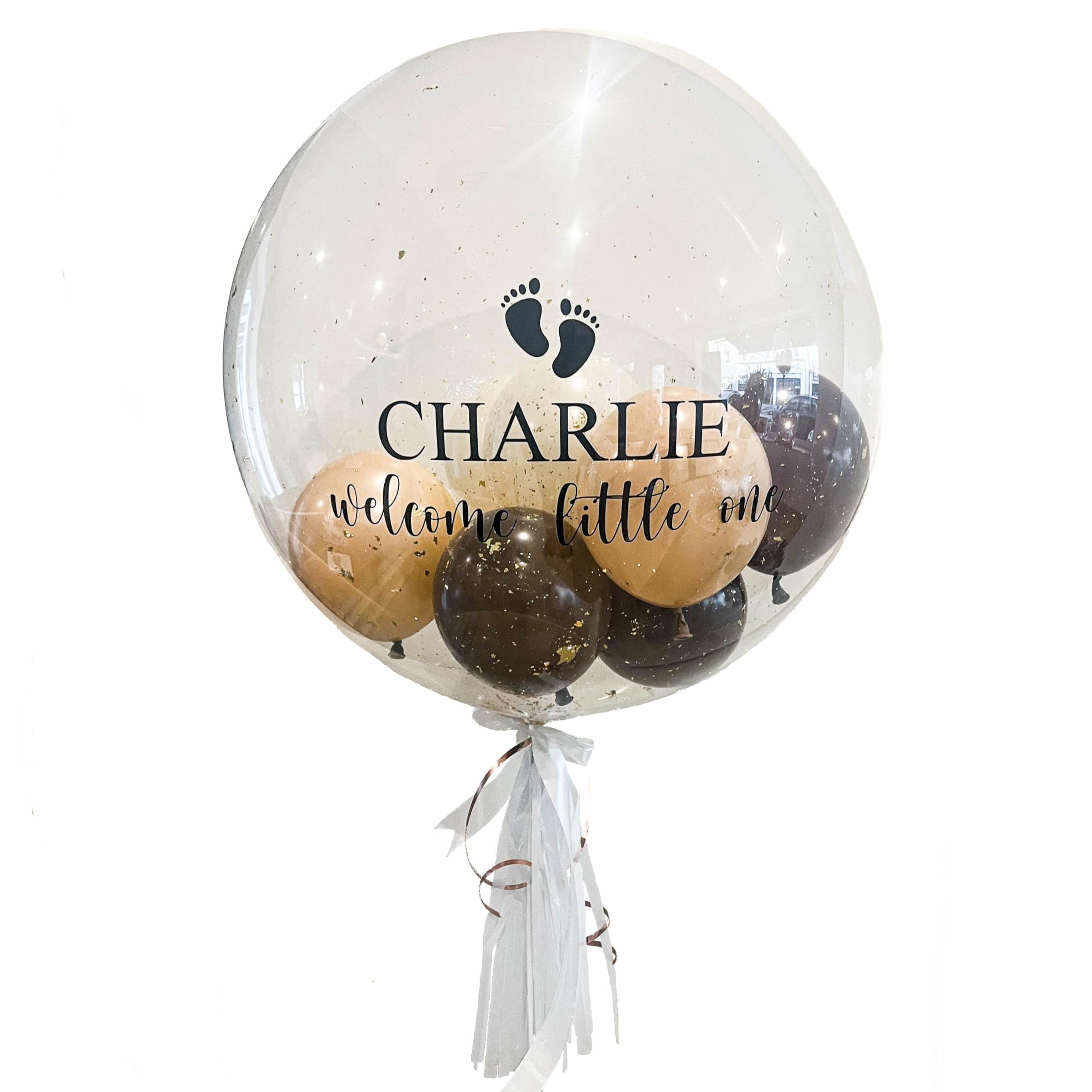 Personalisiertes Ballongeschenk: Durchsichtiger Heliumballon mit Bunten Ballons, Geschenk zu Geburt, Geschenkidee für Eltern