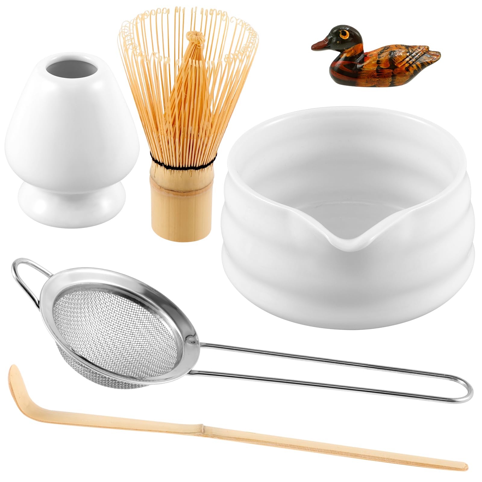 ZJRDYYK 5PCS Matcha Set, Matcha Whisk Set, Ceramic Matcha Set Includes Matcha Bowl, Matcha Whisk and Holder, Bamboo Scoop and Stainless Steel Sifter (White)
