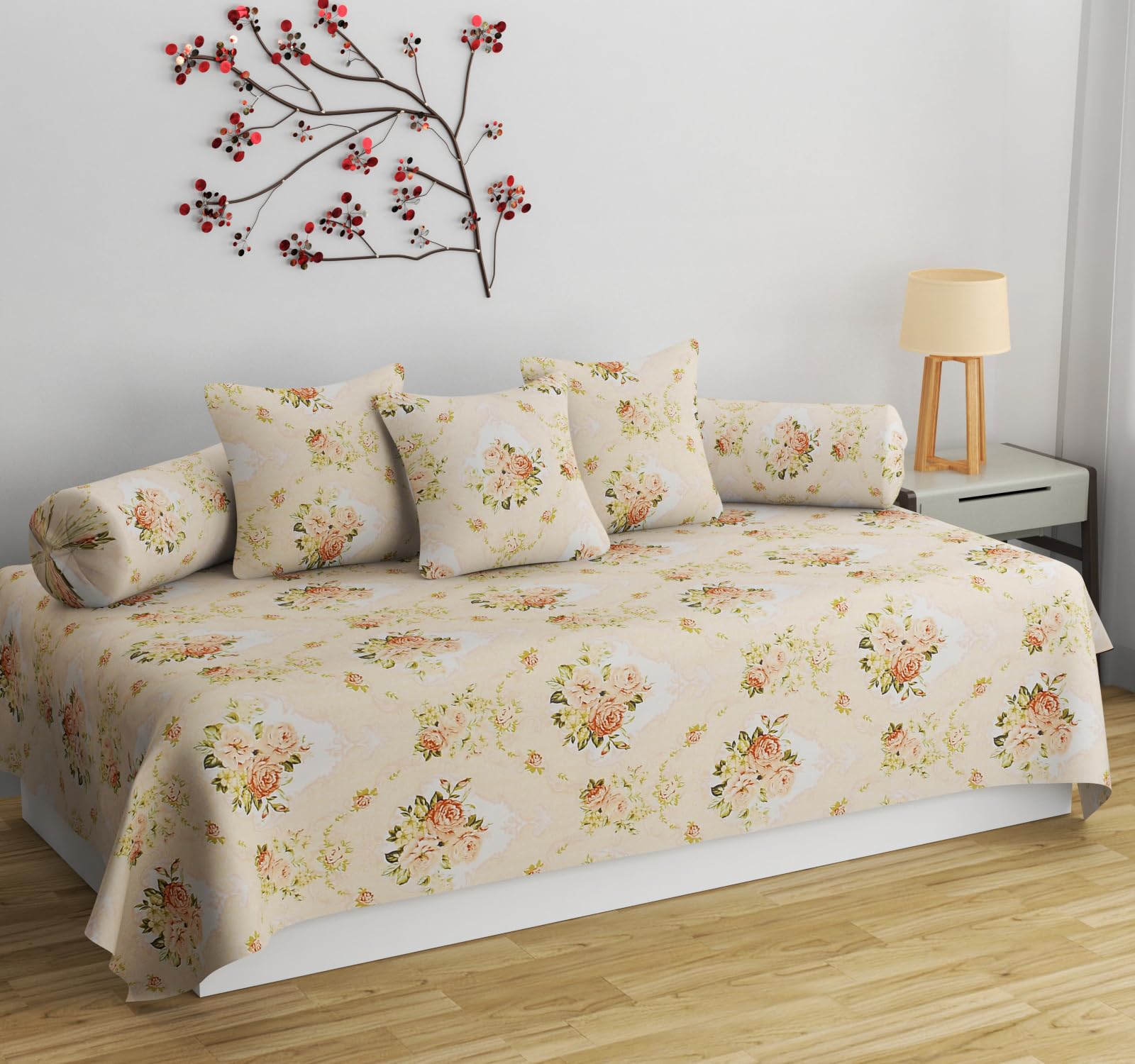 APALA Super Soft Cotton diwan Set for Living Room, diwan Set Covers Cotton, diwan Set 6 Pieces One Single Bedsheet with 3 Cushion Cover,2 Bolster (Beige)-picture-26