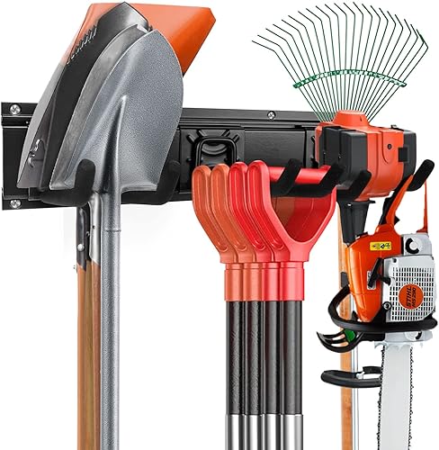 Organizador de garaje resistente para herramientas y equipos de paisajismo. Estante de almacenamiento montado en la pared para uso al aire libre y