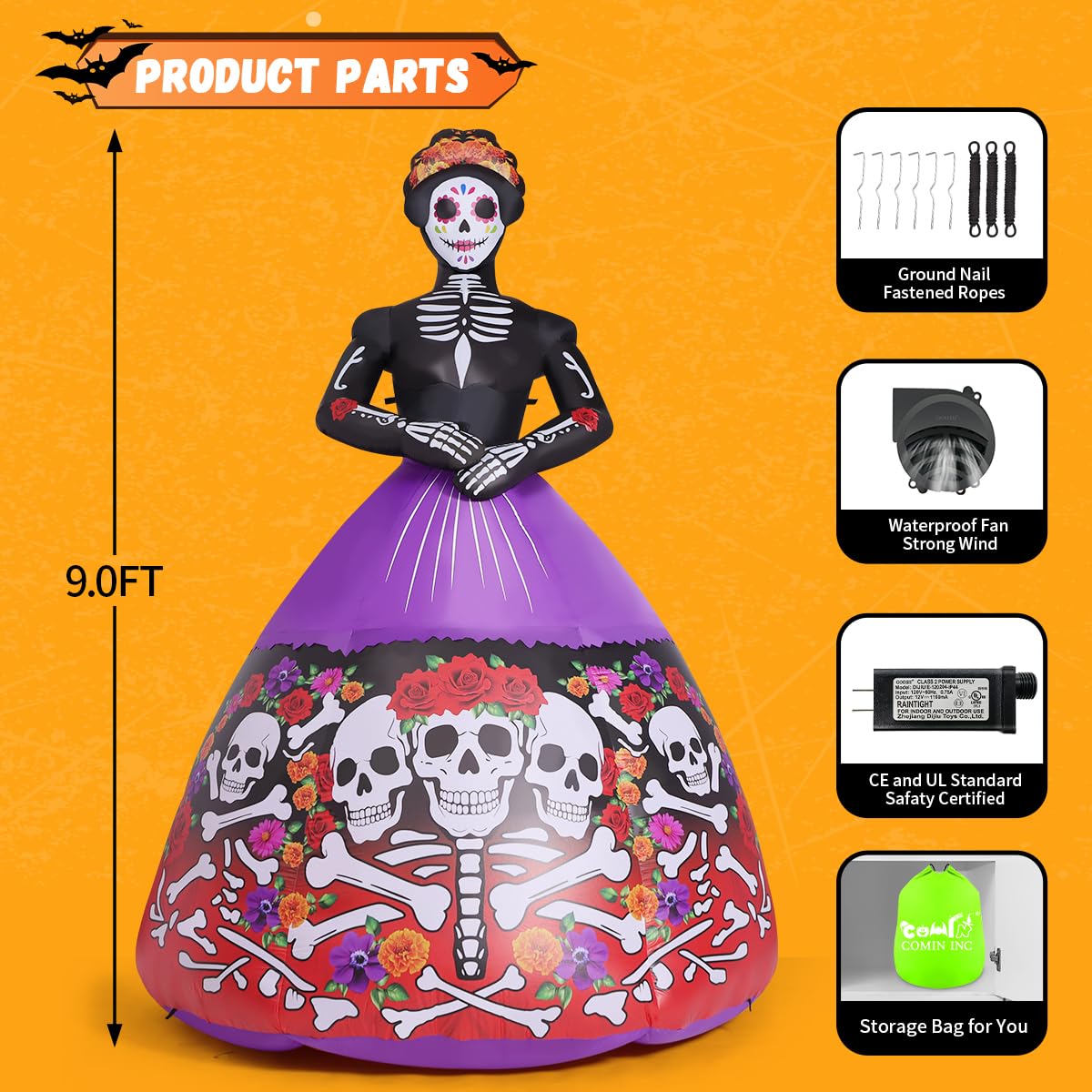 COMIN 9FT Halloween Inflatables Skull Lady Yard Decor con LED