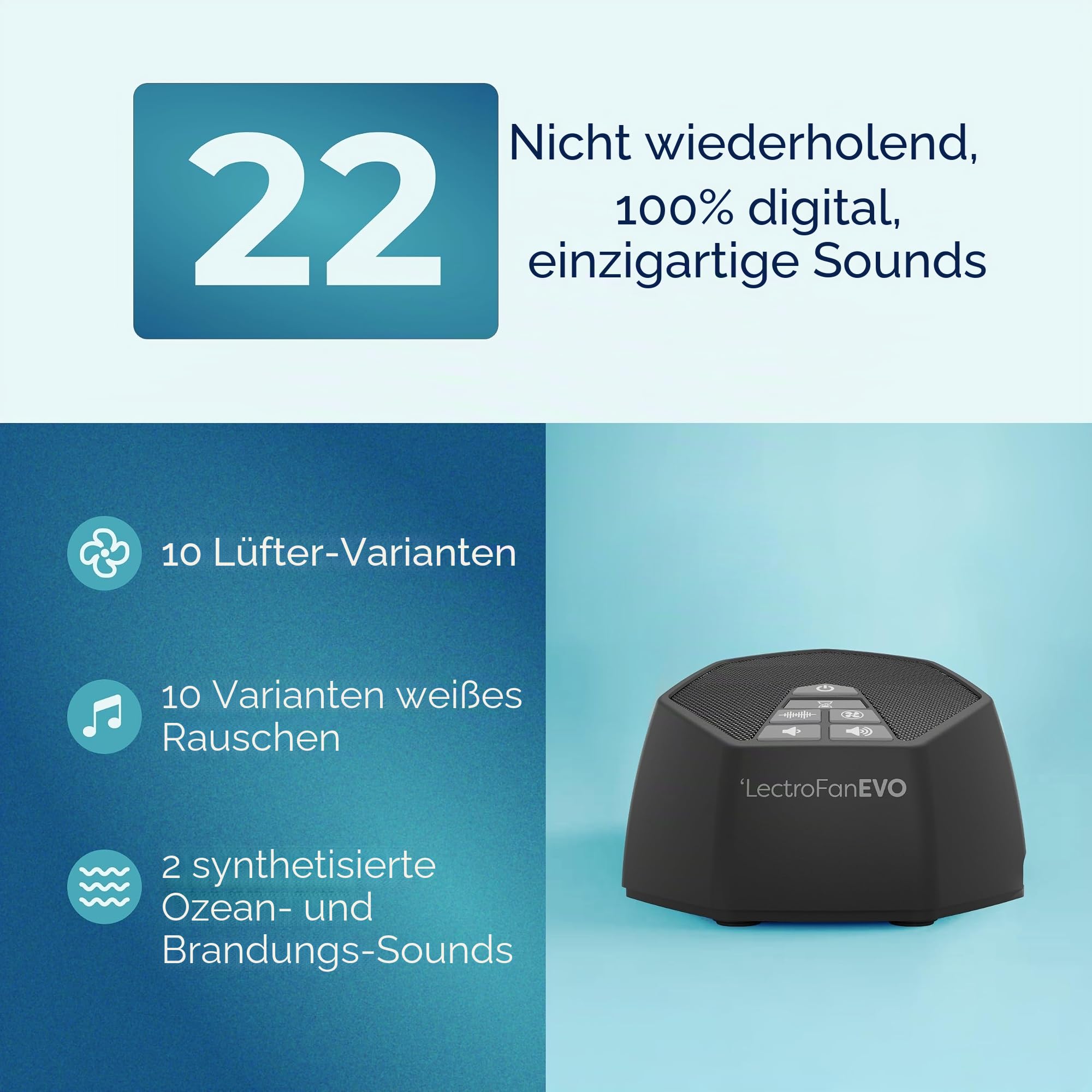 LectroFan Evo White Noise Sound Maschine weißes Rauschen mit 22 einzigartigen Lüfter ohne Schlingen und White-Noise-Sounds und Sleep-Timer (Schwarz)