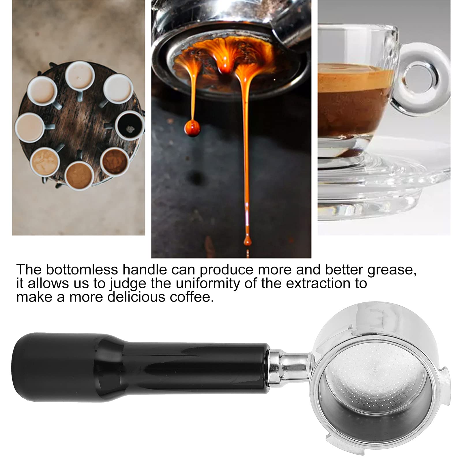 Bezdenny portafilter do ekspresu do espresso, uchwyt na filtr do kawy ze stali nierdzewnej z ergonomicznym drewnianym uchwytem, akcesoria zastępcze do domowego baristy, kawy (czarny)