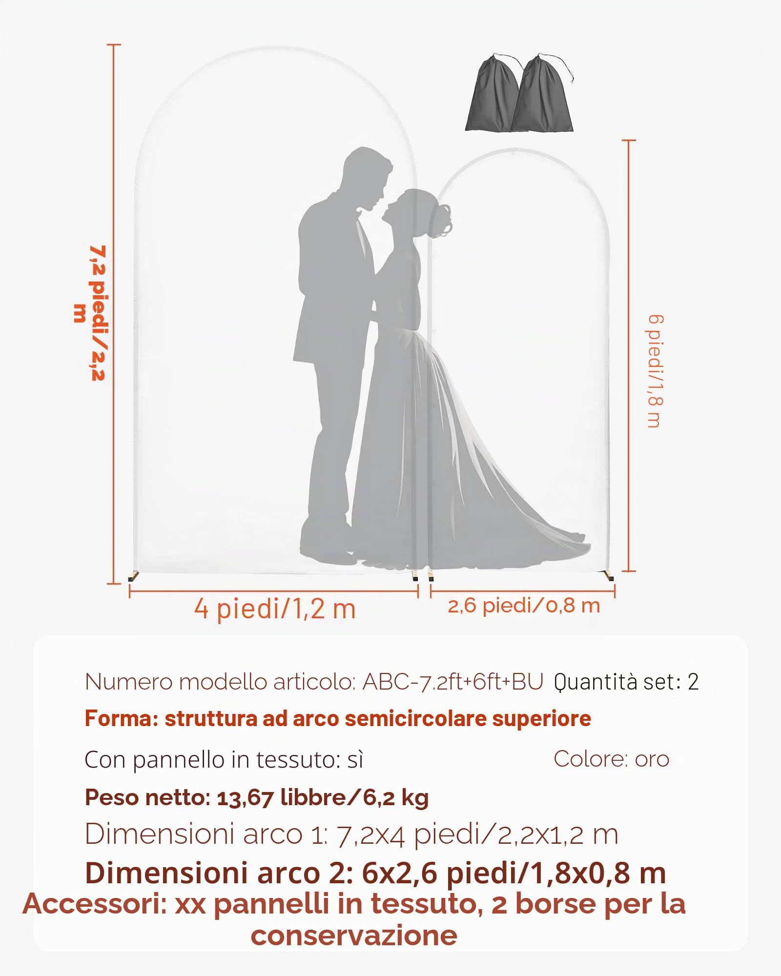 VEVOR Supporto per Fondale ad Arco Set da 2, Struttura Stabile, Facile da Montare, Set di Fondali ad Arco per Feste con Copertura per Matrimoni, Feste di Compleanno, Decorazioni per Cerimonie
